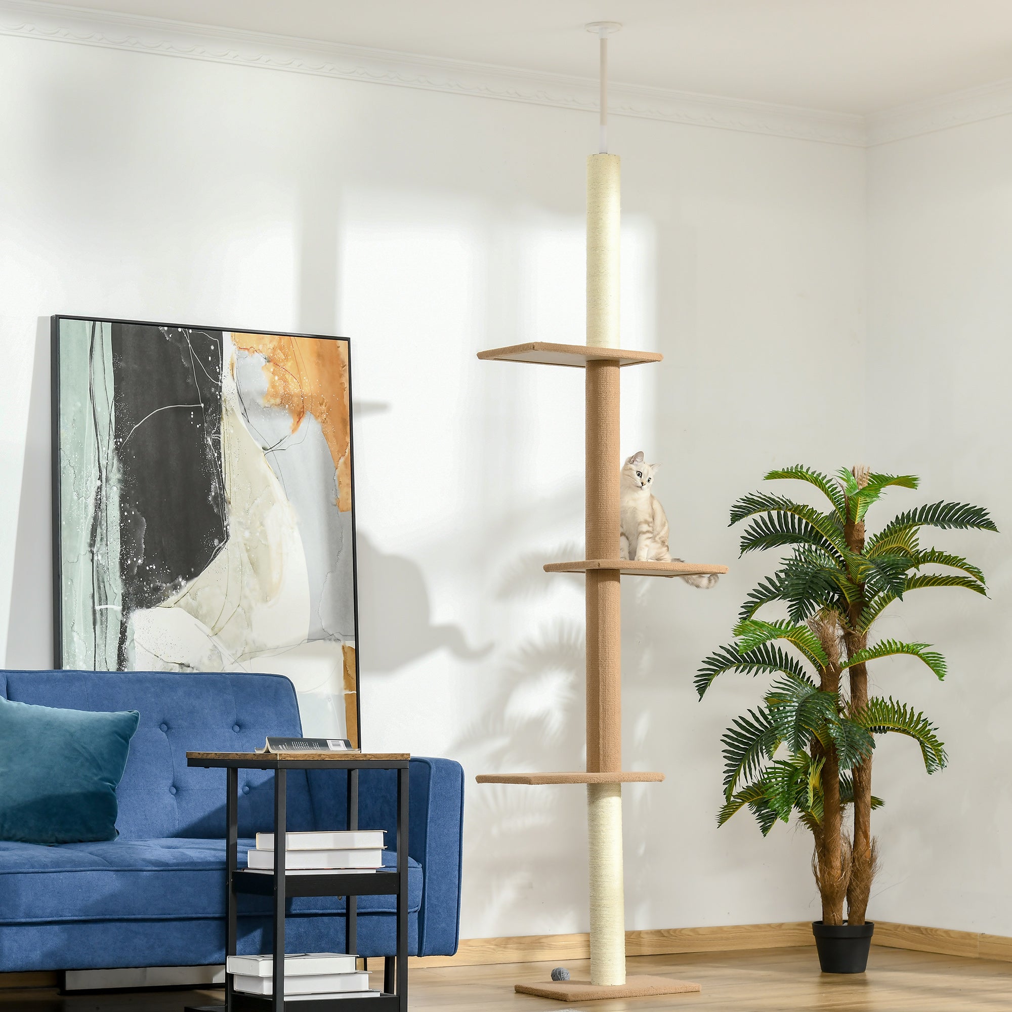 Ceiling-High Cat Tree, Adjustable Height 228-260 cm Climbing Tree for Cats with 3 Levels, Cat Scratching Tree, Floor-to-Ceiling Play Tree in Khaki
