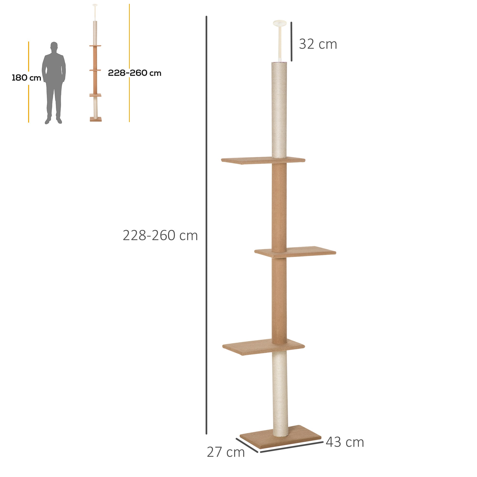 Ceiling-High Cat Tree, Adjustable Height 228-260 cm Climbing Tree for Cats with 3 Levels, Cat Scratching Tree, Floor-to-Ceiling Play Tree in Khaki