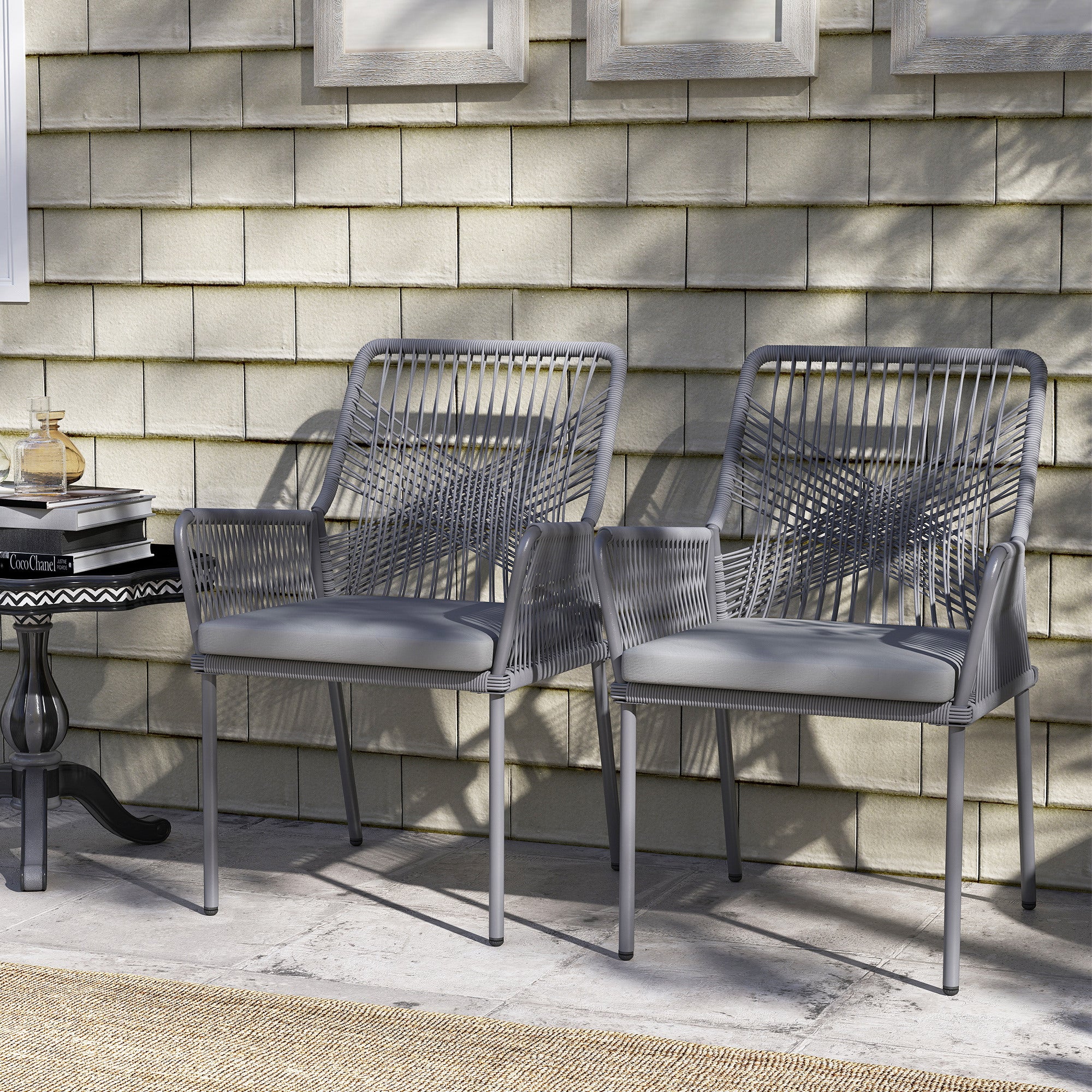 2-Piece Rattan Garden Chair Set Outdoor Furniture with Armrest Removable Backrest Cushion Weatherproof Essstühle Garden Chairs Balcony Chair Rattan Chair for Garden Balcony Terrace Dark Grey