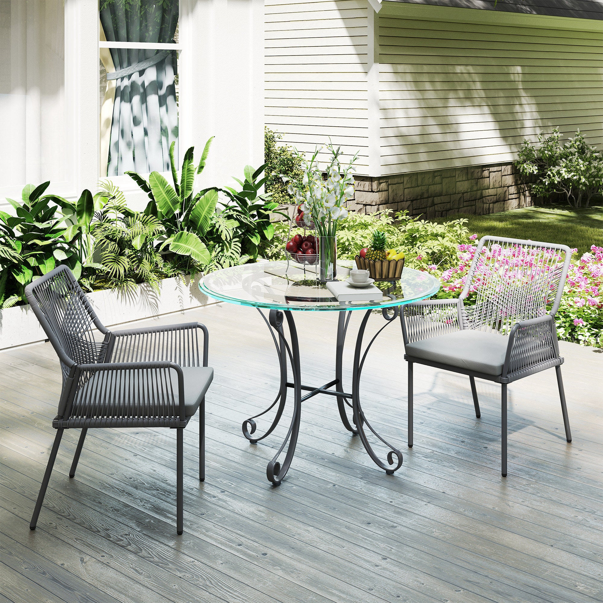 2-Piece Rattan Garden Chair Set Outdoor Furniture with Armrest Removable Backrest Cushion Weatherproof Essstühle Garden Chairs Balcony Chair Rattan Chair for Garden Balcony Terrace Dark Grey