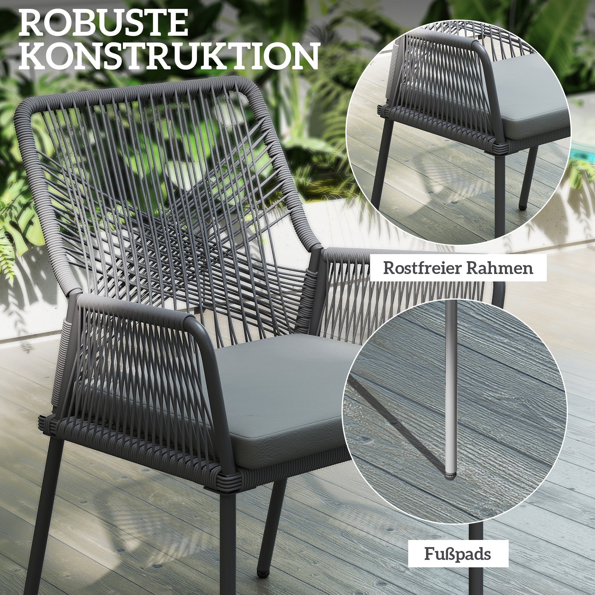 2-Piece Rattan Garden Chair Set Outdoor Furniture with Armrest Removable Backrest Cushion Weatherproof Essstühle Garden Chairs Balcony Chair Rattan Chair for Garden Balcony Terrace Dark Grey