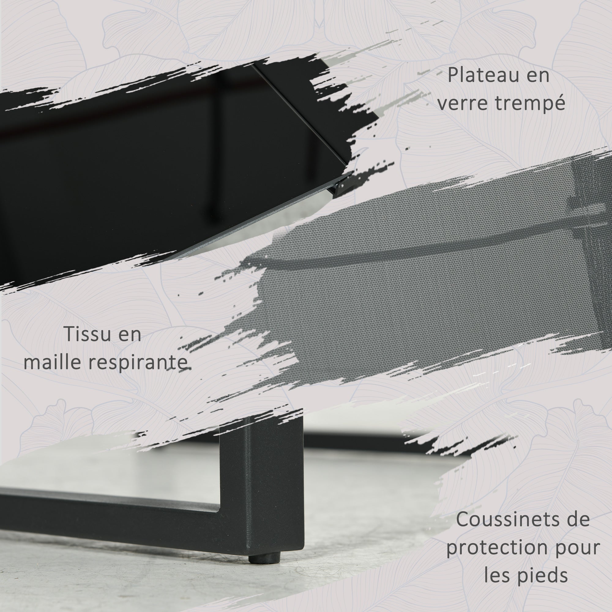 5-Piece Garden Lounge Set with Table and 2-Seater Chair with 2 Armchairs, 2 Footrests, and 1 Table, Black Metal, Gray Mesh Seat