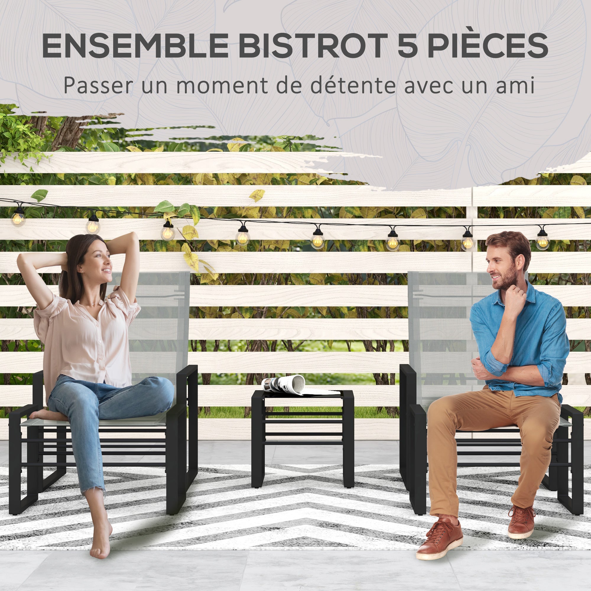 5-Piece Garden Lounge Set with Table and 2-Seater Chair with 2 Armchairs, 2 Footrests, and 1 Table, Black Metal, Gray Mesh Seat