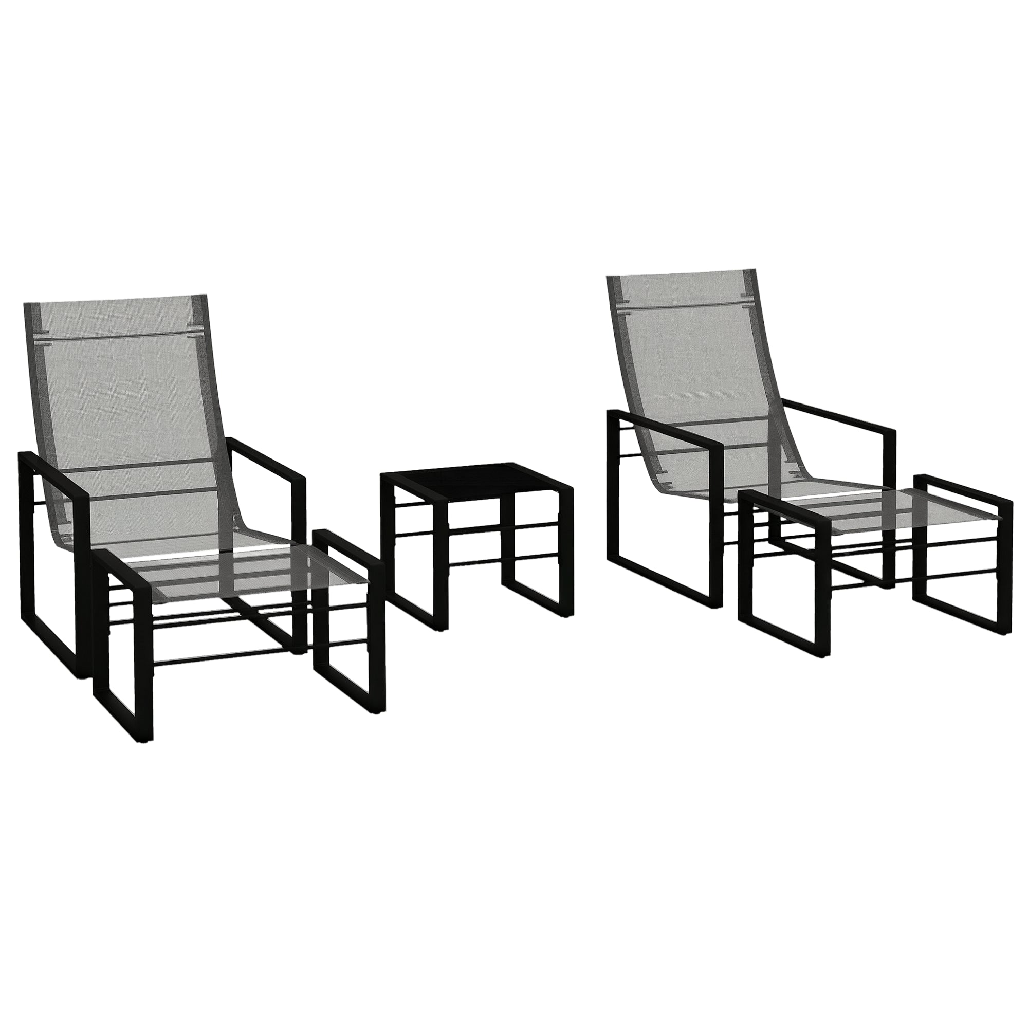 5-Piece Garden Lounge Set with Table and 2-Seater Chair with 2 Armchairs, 2 Footrests, and 1 Table, Black Metal, Gray Mesh Seat