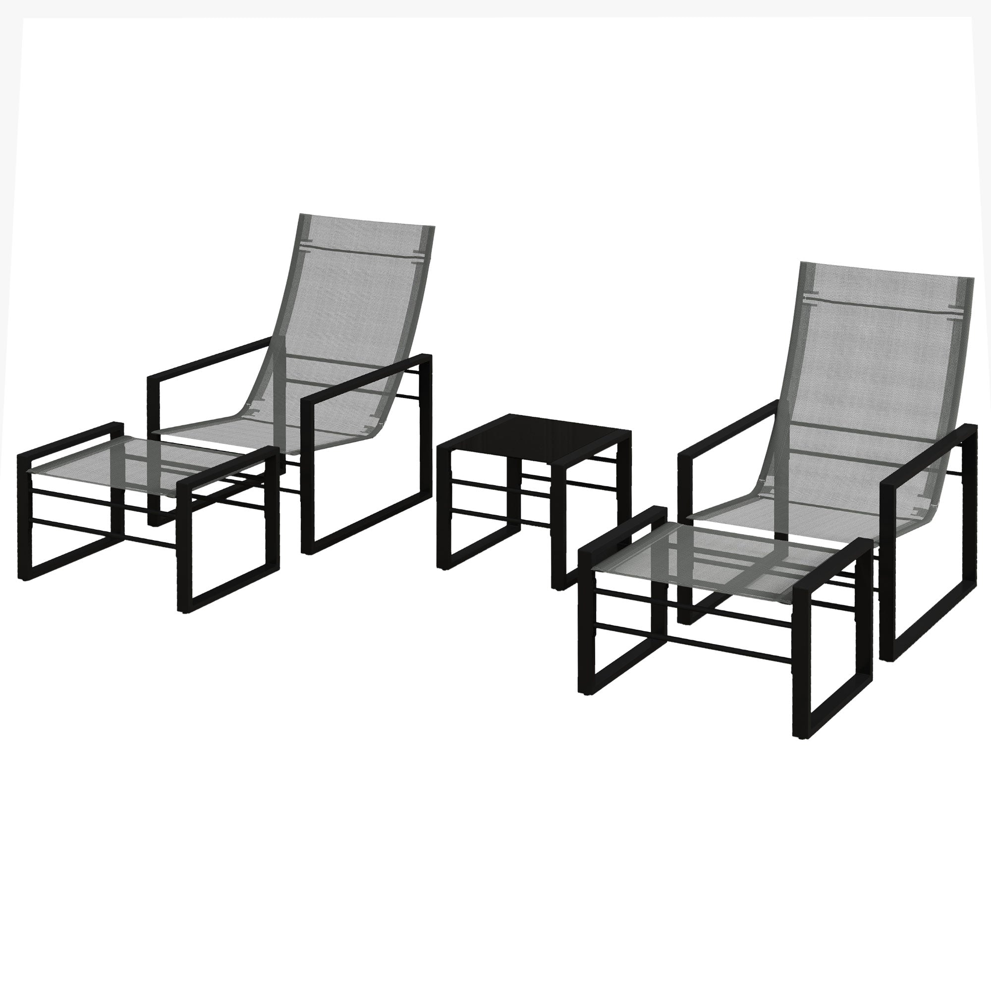 5-Piece Garden Lounge Set with Table and 2-Seater Chair with 2 Armchairs, 2 Footrests, and 1 Table, Black Metal, Gray Mesh Seat