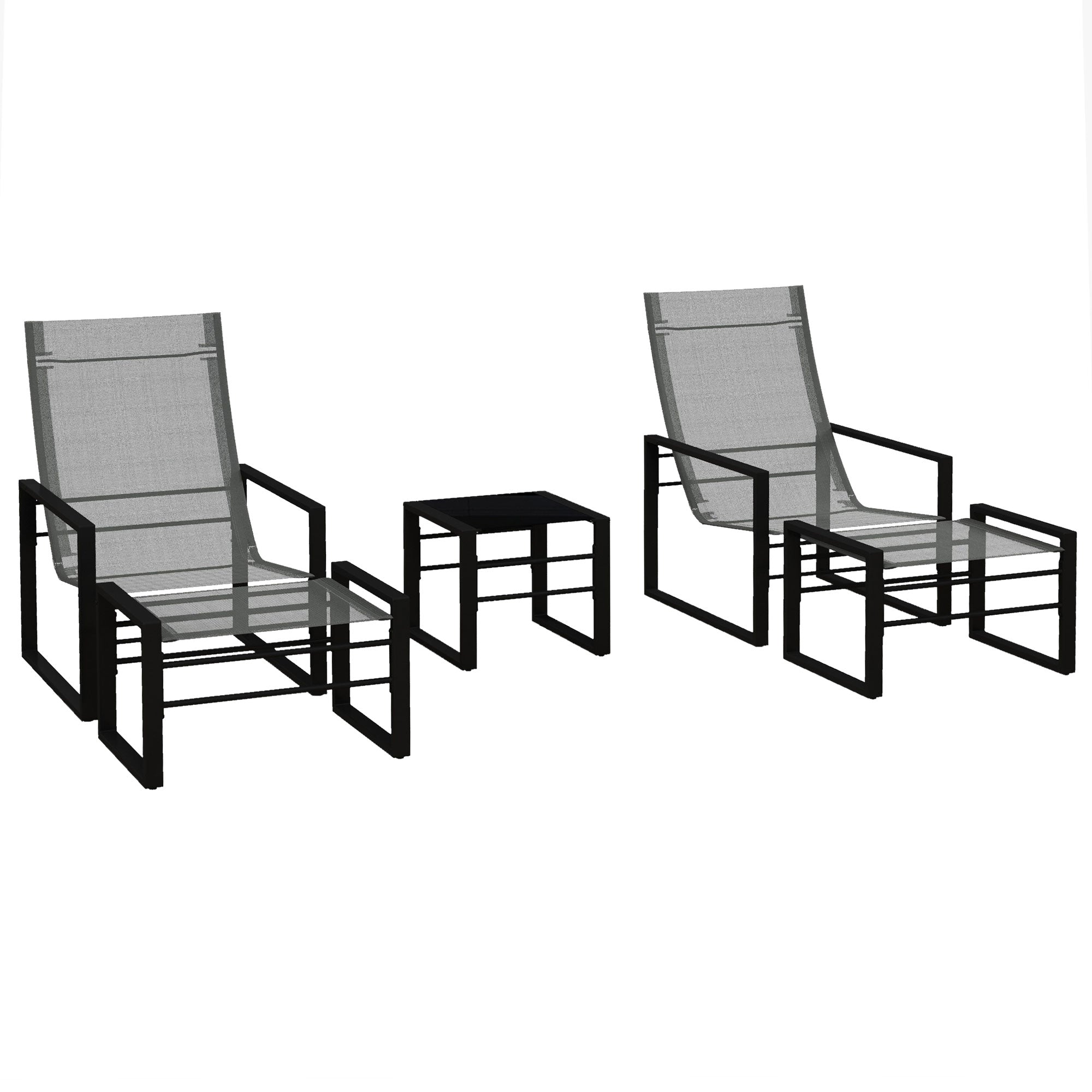 5-Piece Garden Lounge Set with Table and 2-Seater Chair with 2 Armchairs, 2 Footrests, and 1 Table, Black Metal, Gray Mesh Seat