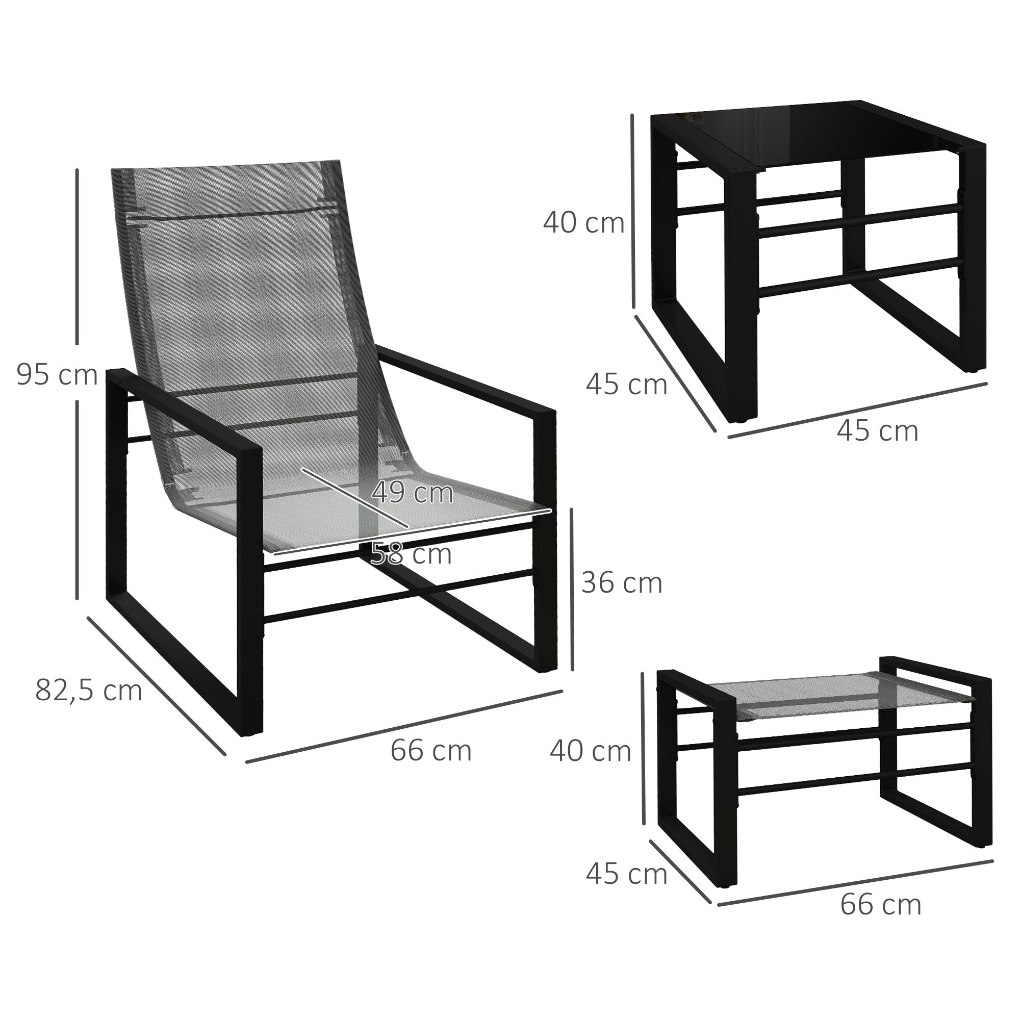 5-Piece Garden Lounge Set with Table and 2-Seater Chair with 2 Armchairs, 2 Footrests, and 1 Table, Black Metal, Gray Mesh Seat