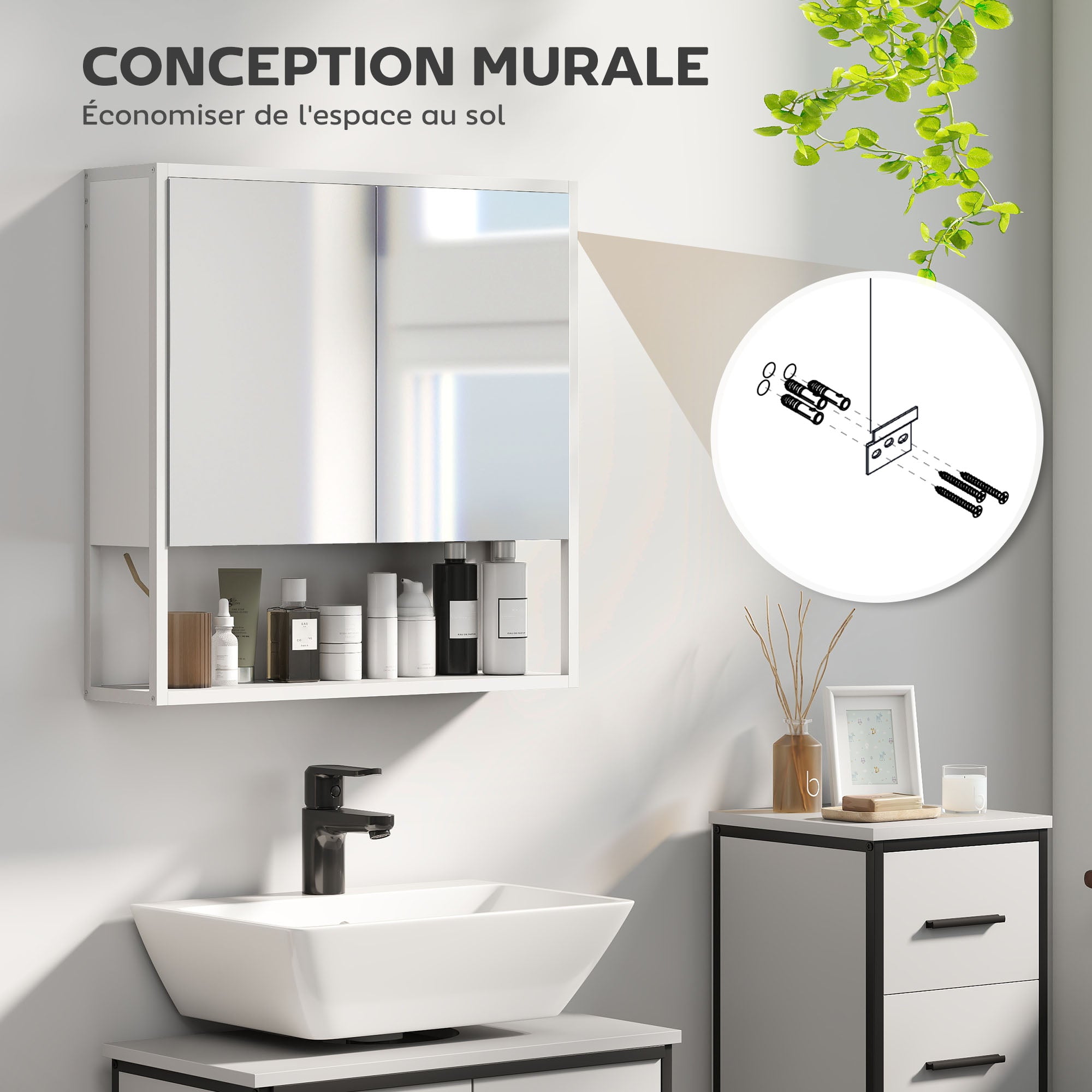 Mirrored Wall Bathroom Cabinet, 60 x 16 x 60 cm (23.6 x 6.3 x 23.6 in) — 2 Mirrored Doors, Adjustable Interior Shelf & Open Shelf, White