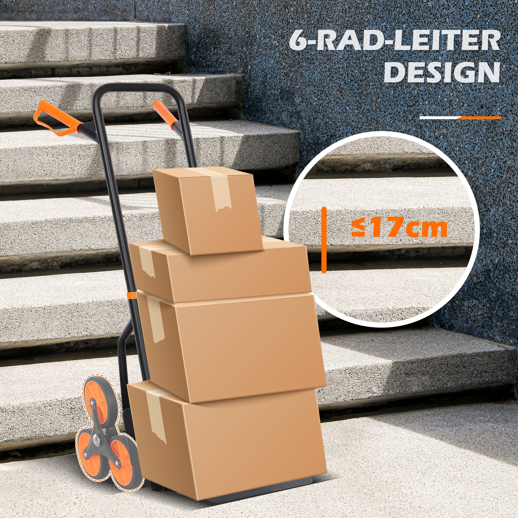 Folding 6-Wheel Stair-Climbing Hand Truck, Steel Frame, 265 lb Capacity, 42 in — Orange