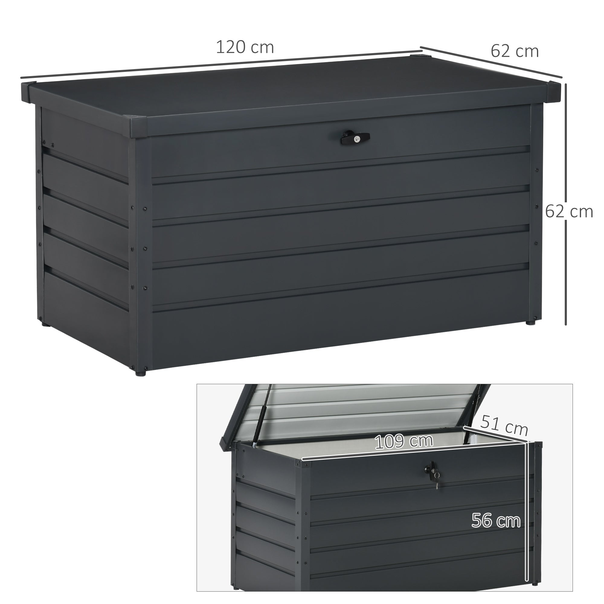Outdoor Storage Chest 311L Steel Storage Trunk with Key Lock Pneumatic Pistons for Garden Terrace Patio 120x62x62 cm Dark Gray