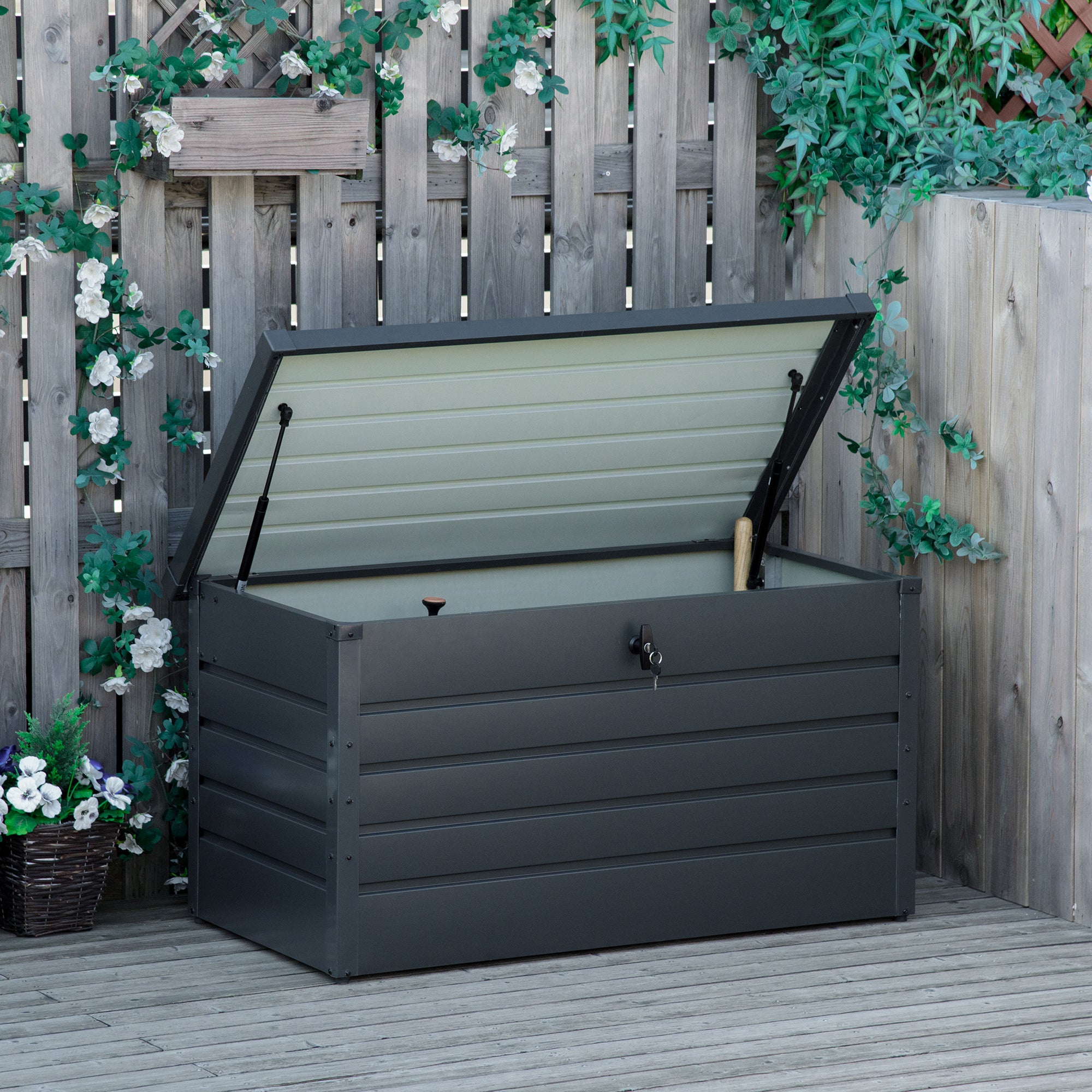 Outdoor Storage Chest 311L Steel Storage Trunk with Key Lock Pneumatic Pistons for Garden Terrace Patio 120x62x62 cm Dark Gray