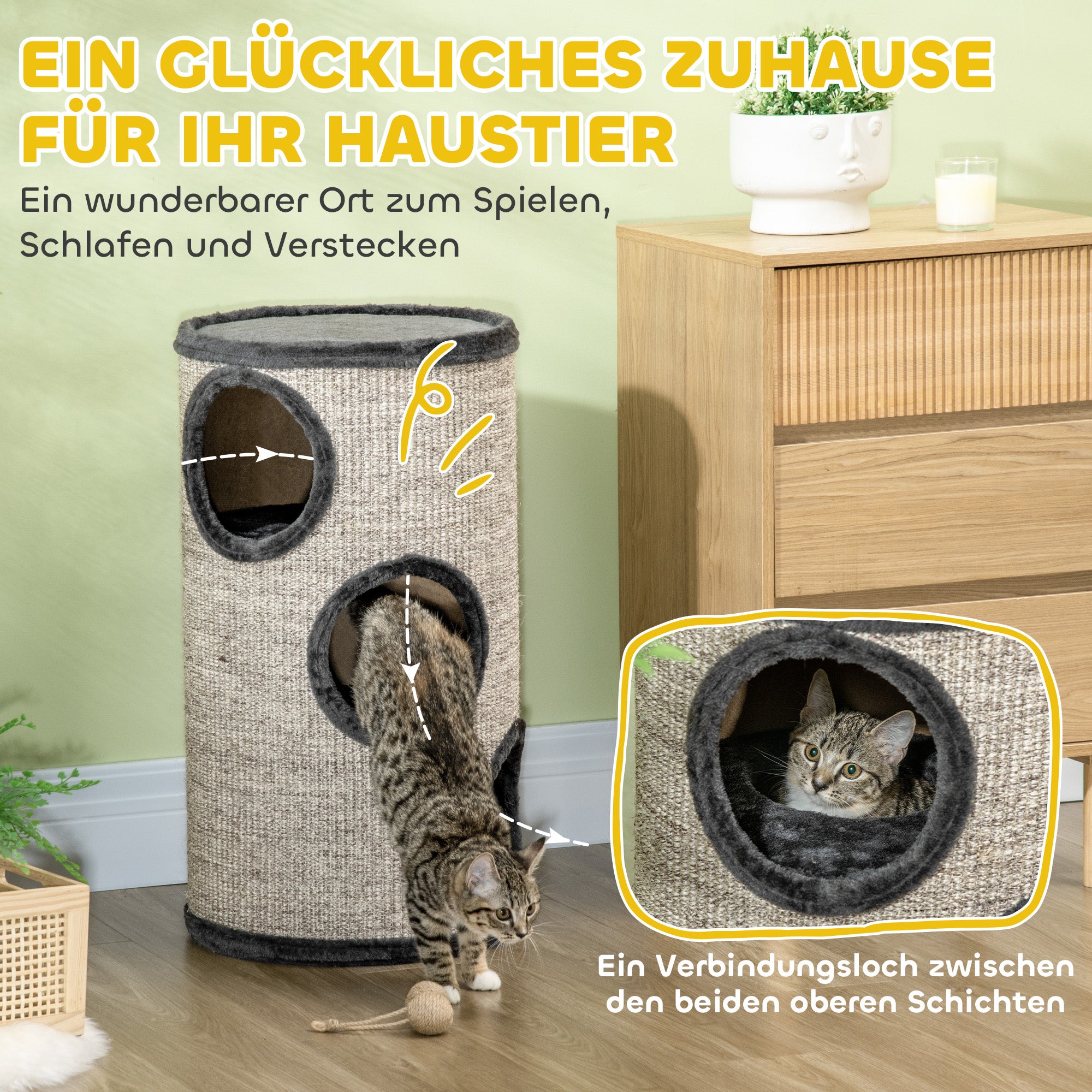 Scratching Barrel 70 cm High Ø 38 cm Three-Story Cat Barrel with Plush Edge, Cat Cave, Scratching Post for Small Cats, Light Gray