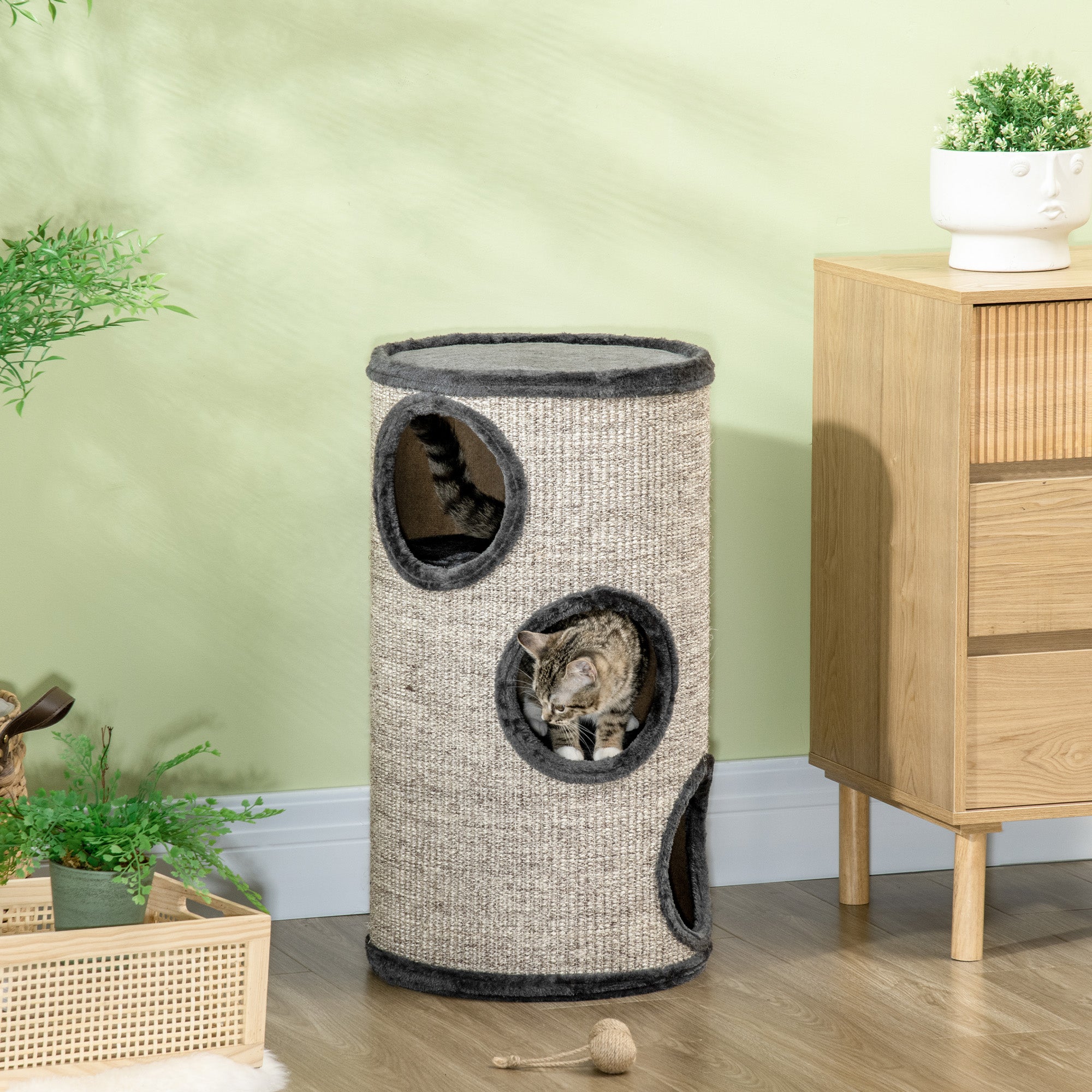 Scratching Barrel 70 cm High Ø 38 cm Three-Story Cat Barrel with Plush Edge, Cat Cave, Scratching Post for Small Cats, Light Gray