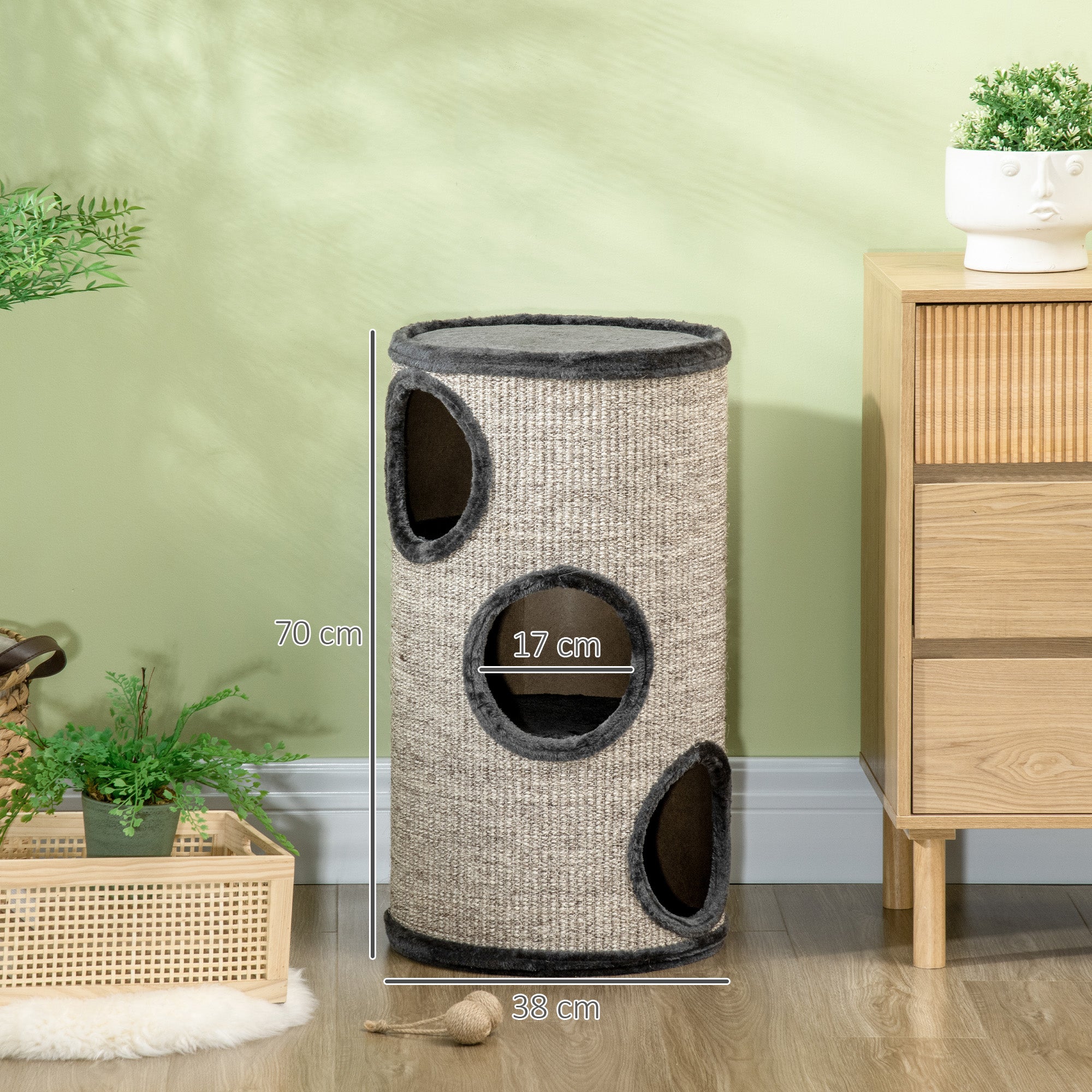 Scratching Barrel 70 cm High Ø 38 cm Three-Story Cat Barrel with Plush Edge, Cat Cave, Scratching Post for Small Cats, Light Gray
