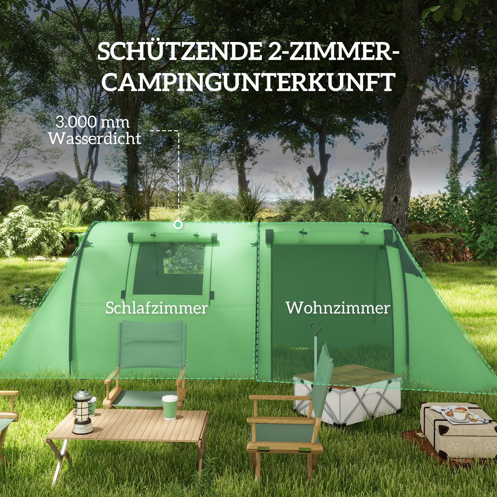 3–4 Person Waterproof Family Tent with Separate Bedroom & Living Area, 3000 mm Hydrostatic Head, Dark Green