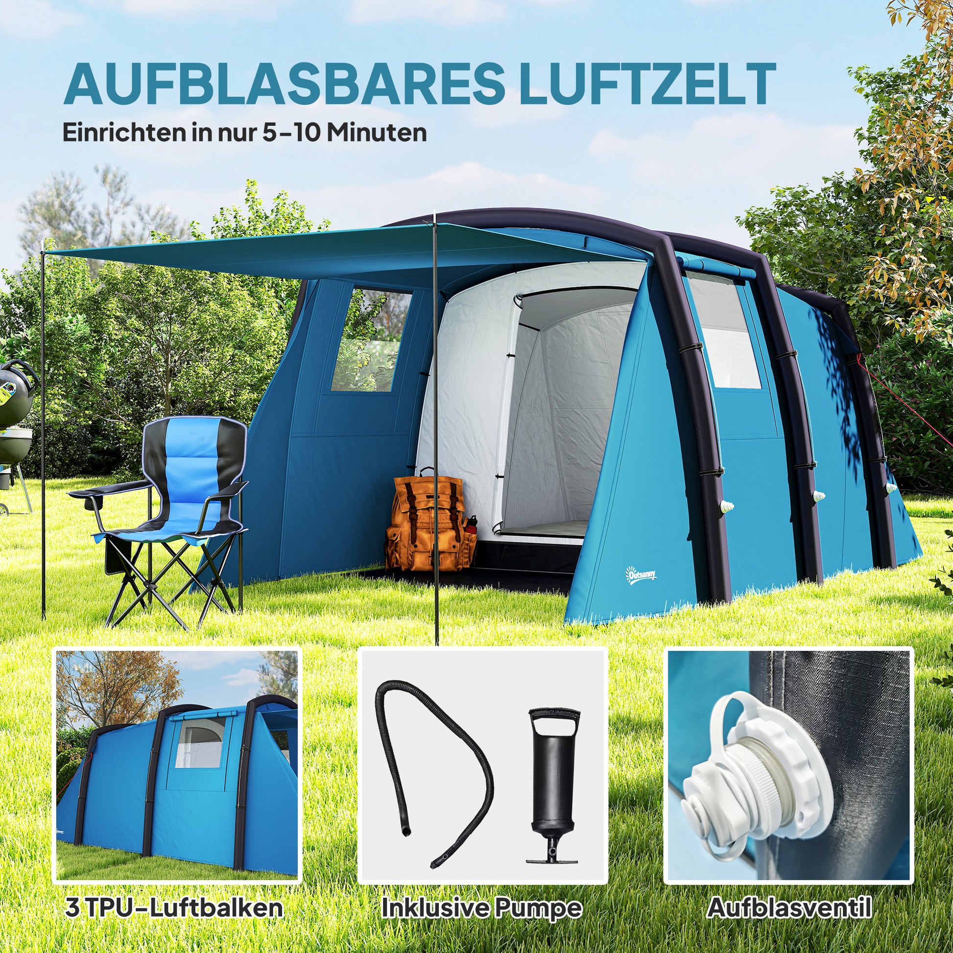 Inflatable Tent for 3-6 People Outdoor Camping Tent with Air Pump Camping Tent UV50+ Family Tent Air Tent for 3 Seasons Windproof Glamping Tent Quick Setup