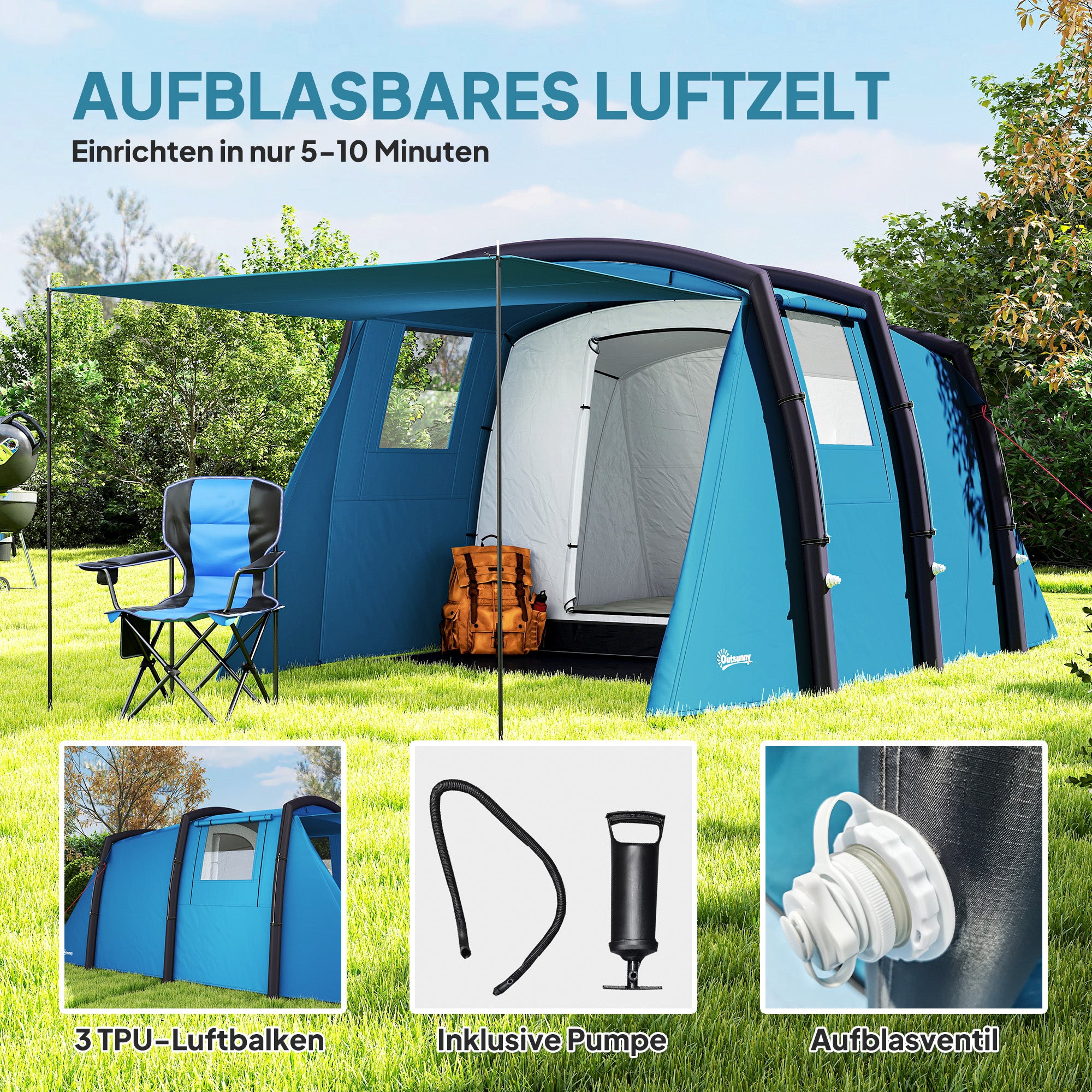 Inflatable Tent for 3-6 People Outdoor Camping Tent with Air Pump Camping Tent UV50+ Family Tent Air Tent for 3 Seasons Windproof Glamping Tent Quick Setup