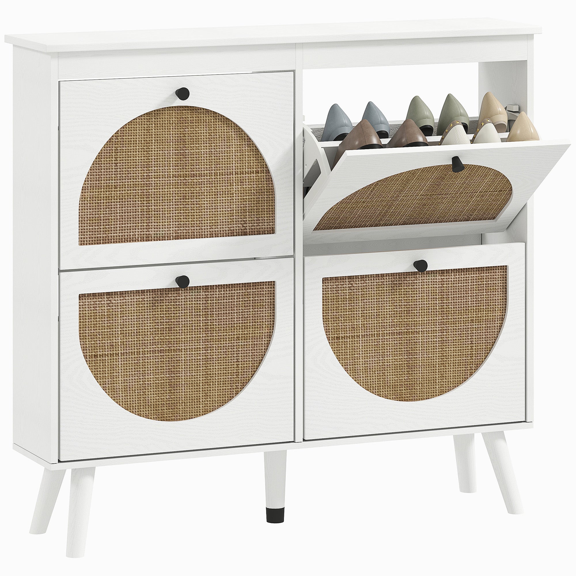 Shoe Cabinet Shoe Rack 4 Folding Doors 20 Pairs with Adjustable Shelf Bohemian Style Solid Wood Legs 105 x 24 x 97.5 cm White