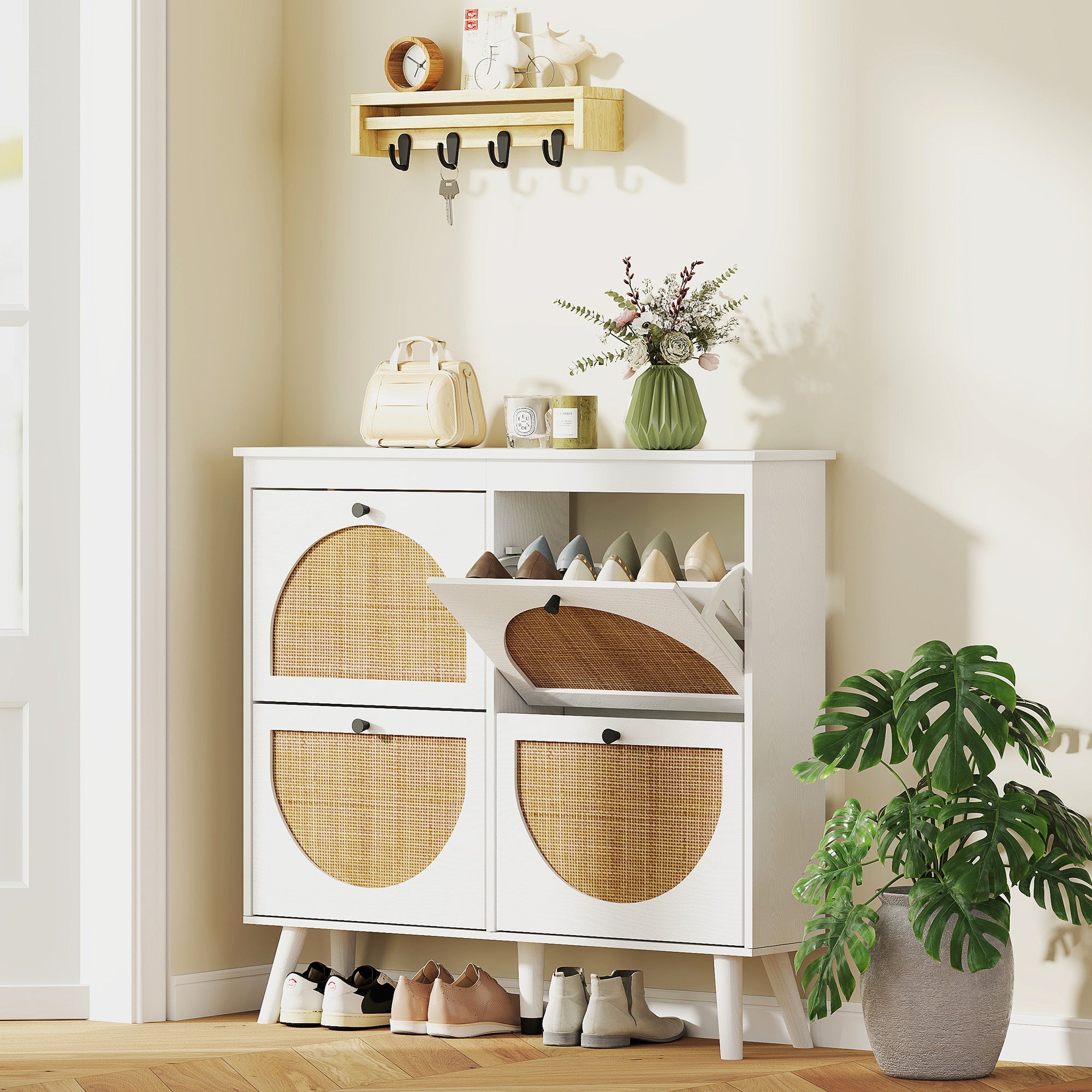 Shoe Cabinet Shoe Rack 4 Folding Doors 20 Pairs with Adjustable Shelf Bohemian Style Solid Wood Legs 105 x 24 x 97.5 cm White