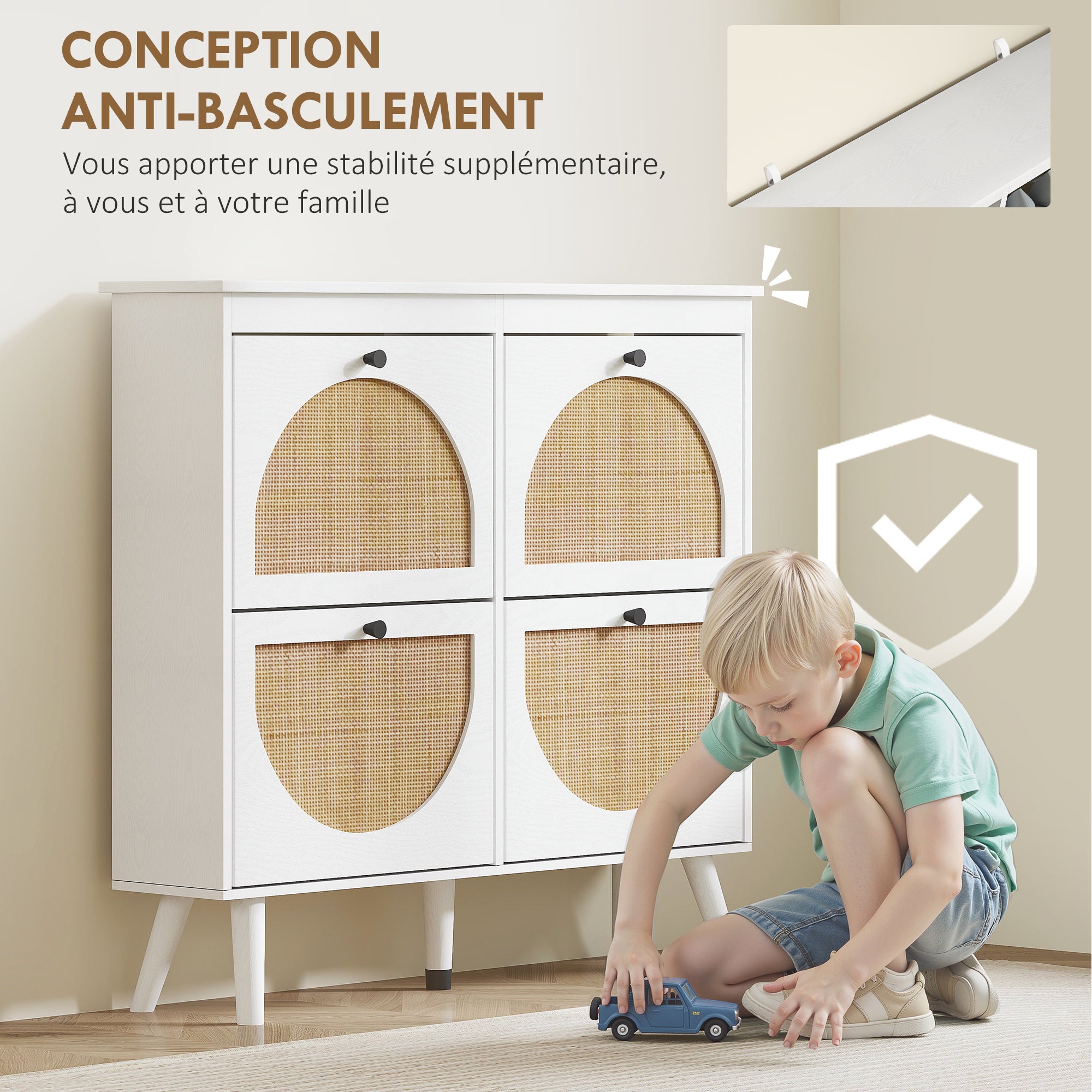 Shoe Cabinet Shoe Rack 4 Folding Doors 20 Pairs with Adjustable Shelf Bohemian Style Solid Wood Legs 105 x 24 x 97.5 cm White