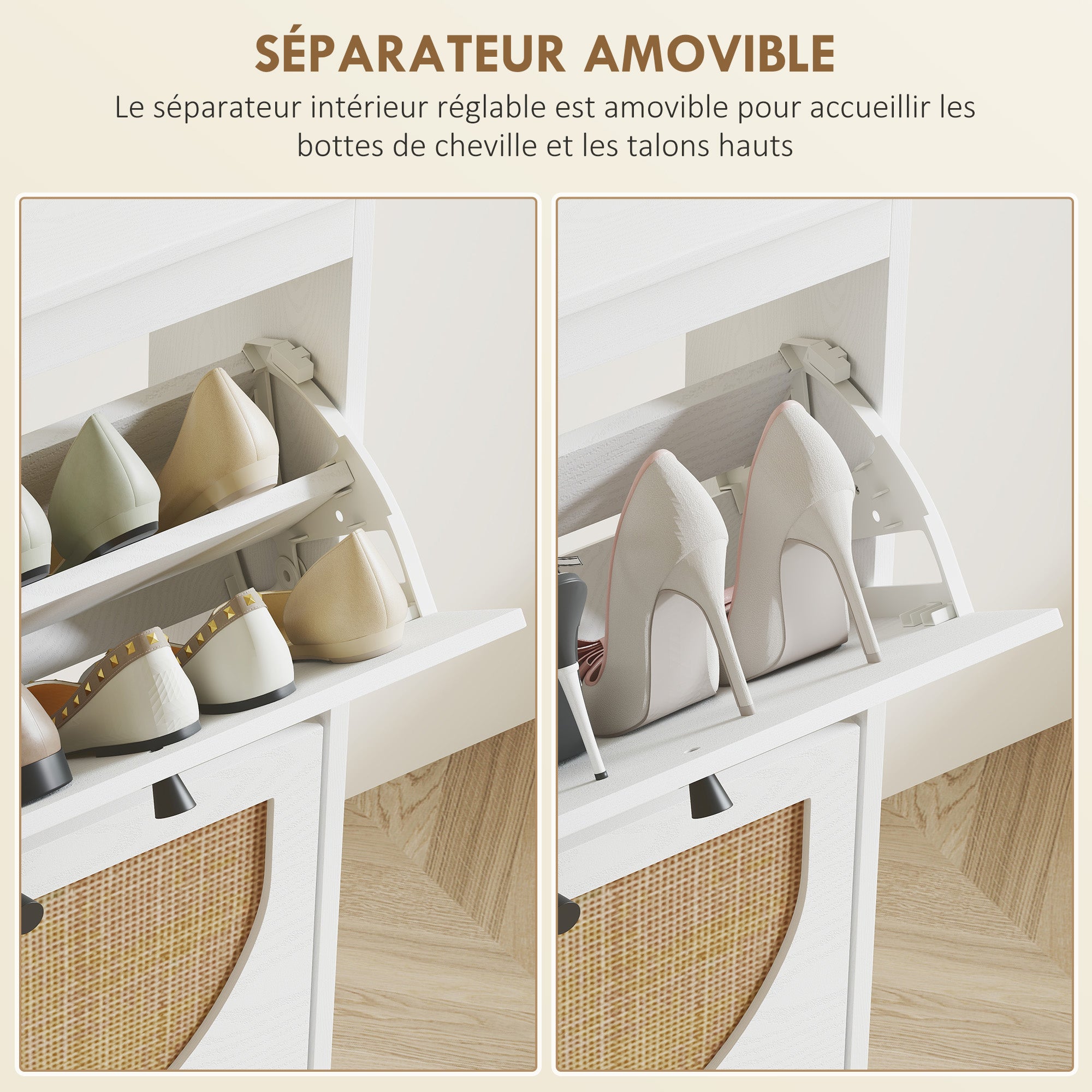 Shoe Cabinet Shoe Rack 4 Folding Doors 20 Pairs with Adjustable Shelf Bohemian Style Solid Wood Legs 105 x 24 x 97.5 cm White