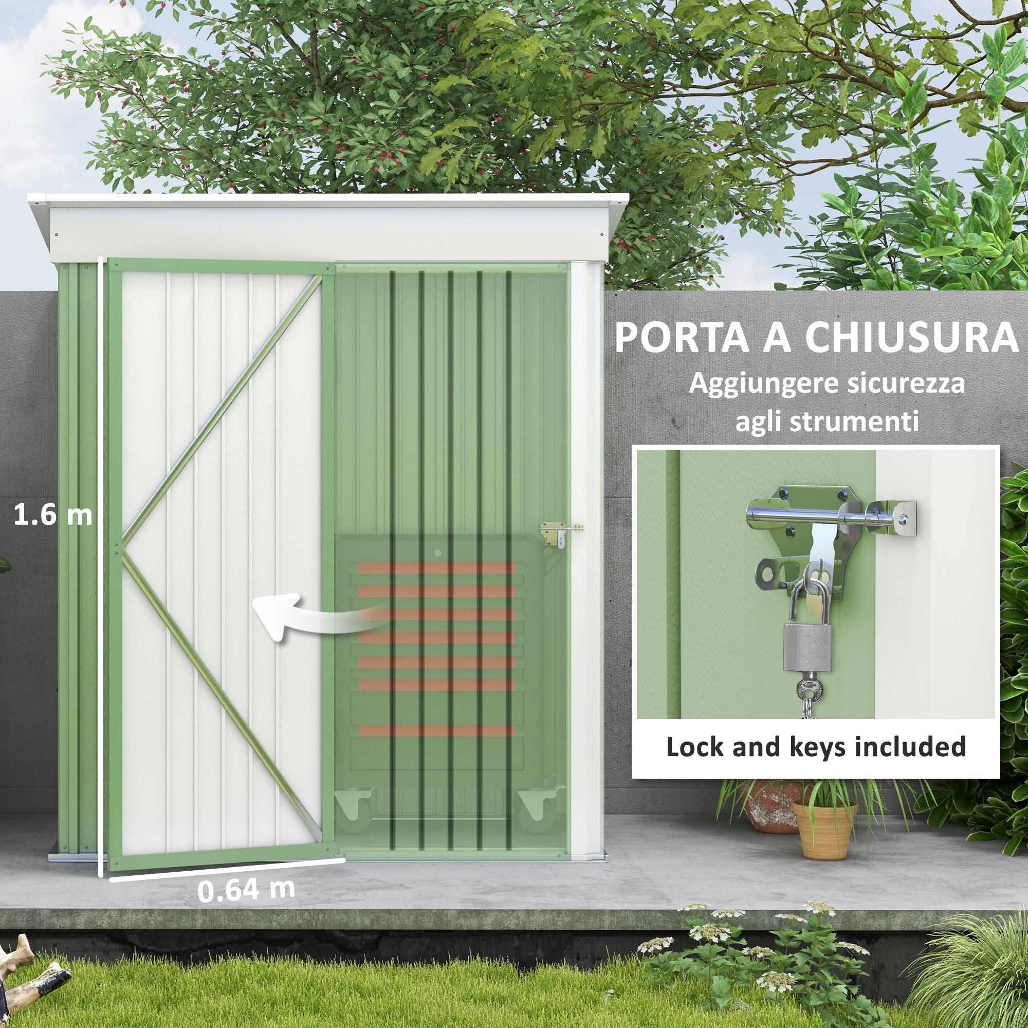 Small Steel Garden Shed Tools Storage, Outdoor Cabinet with Lockable Door, 161x95x163/181cm, Green
