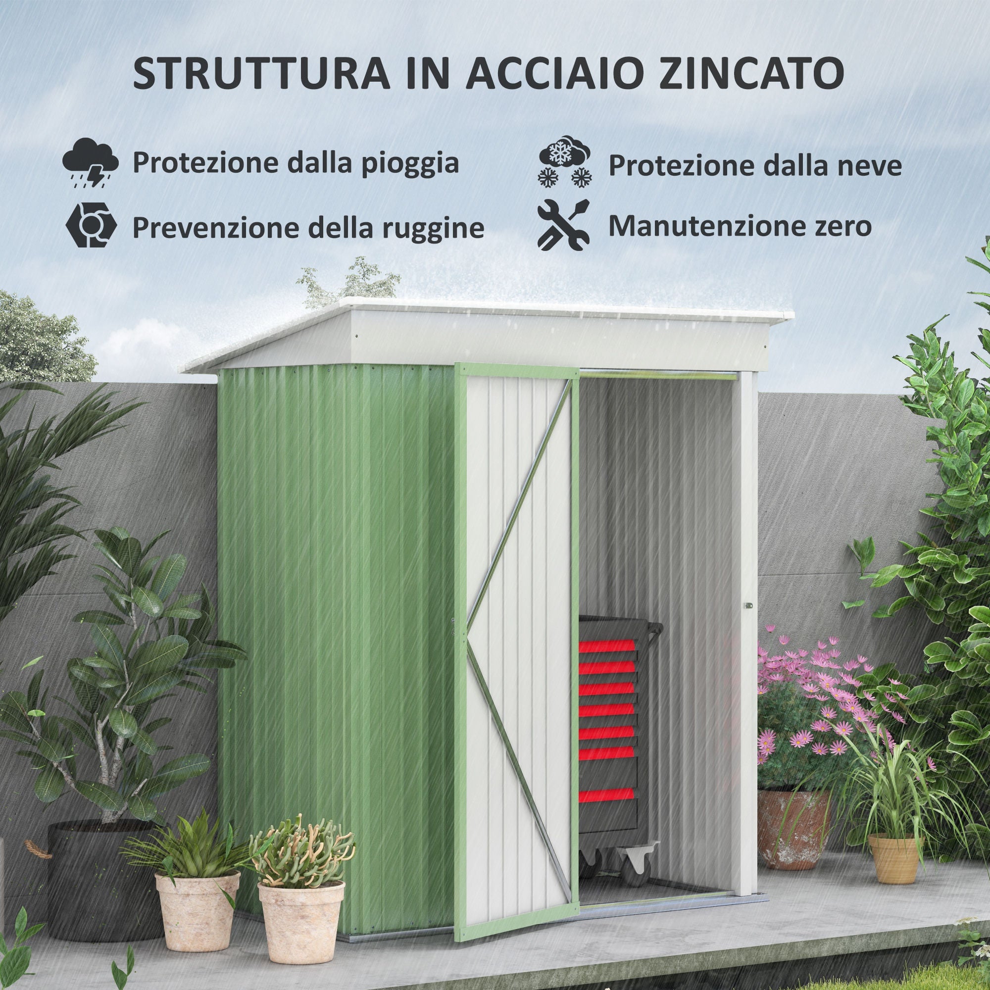 Small Steel Garden Shed Tools Storage, Outdoor Cabinet with Lockable Door, 161x95x163/181cm, Green