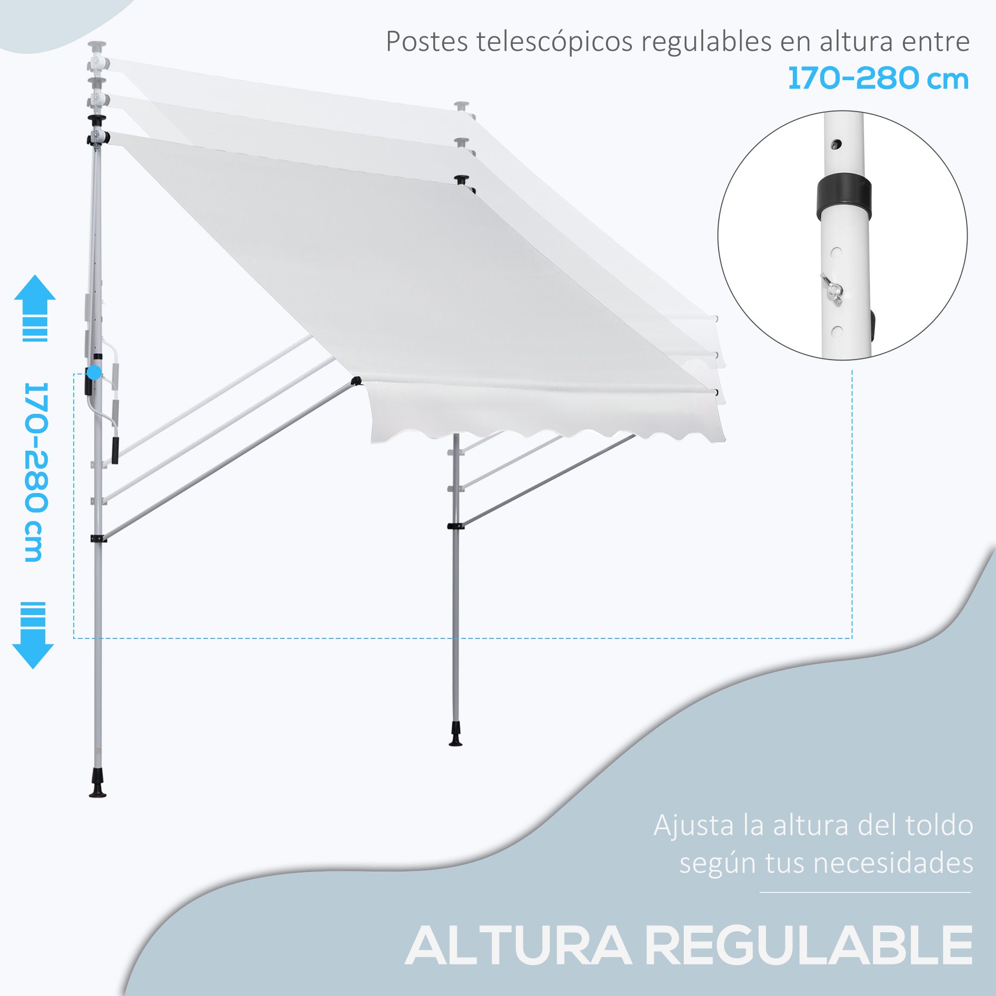 2x1.5m Manual Retractable Canopy Outdoor Patio Sun Shade Adjustable Height with Crank 170-280 cm Without Drilling for Balcony Garden White
