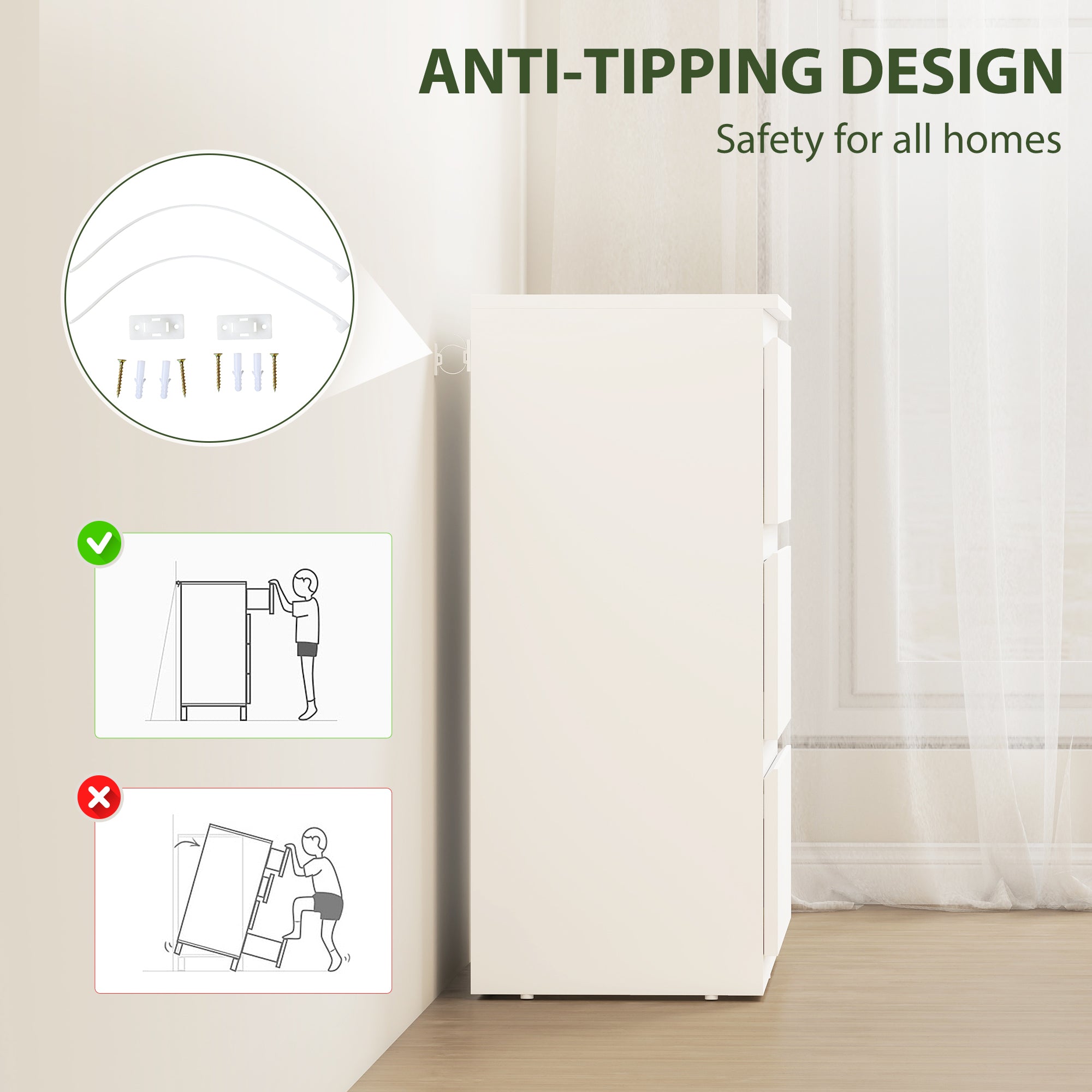 3-Drawer Chest - Modern White Sideboard for Living Room, Bedroom & Hallway, 21.7 x 13.4 x 29.5 in