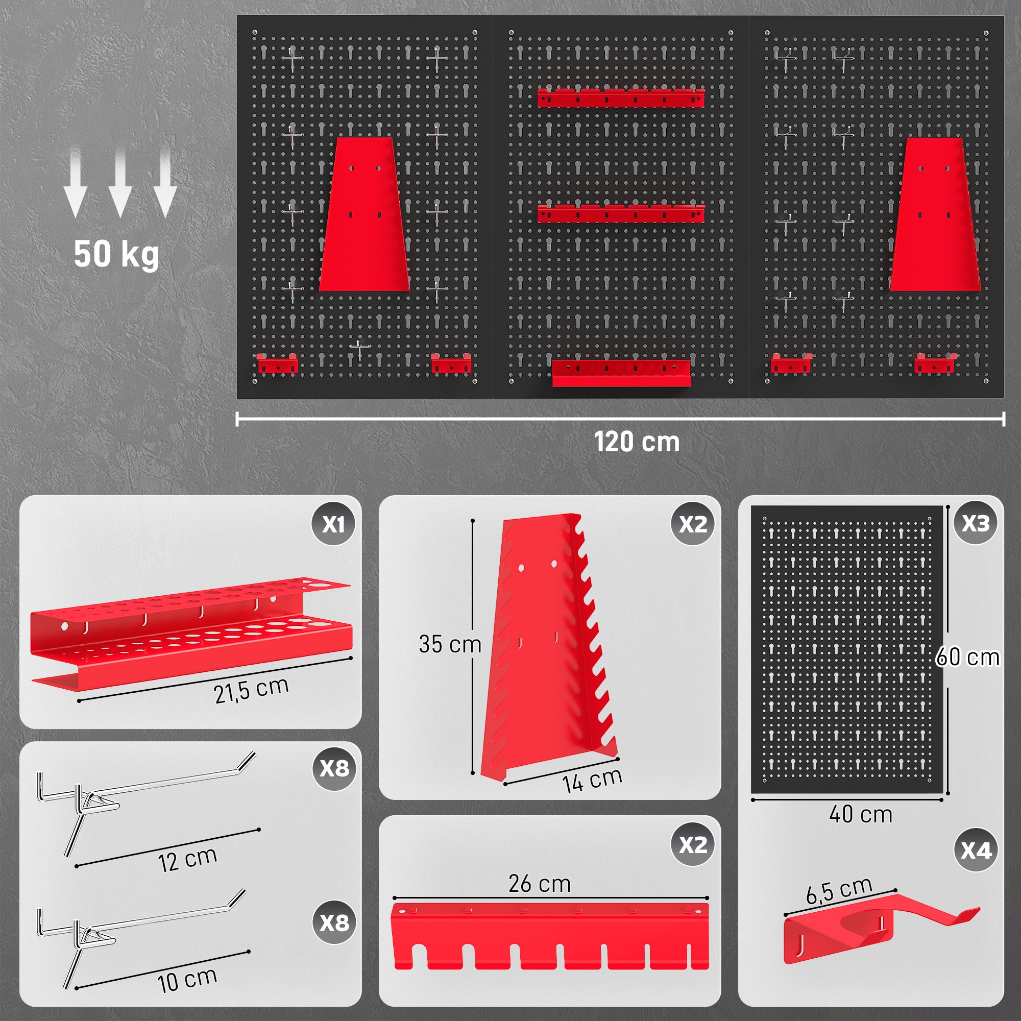 Wall Storage Pegboard System 23.6 x 15.7 in, 28-Piece Tool Rack with Hooks & Compartments, Black/Red