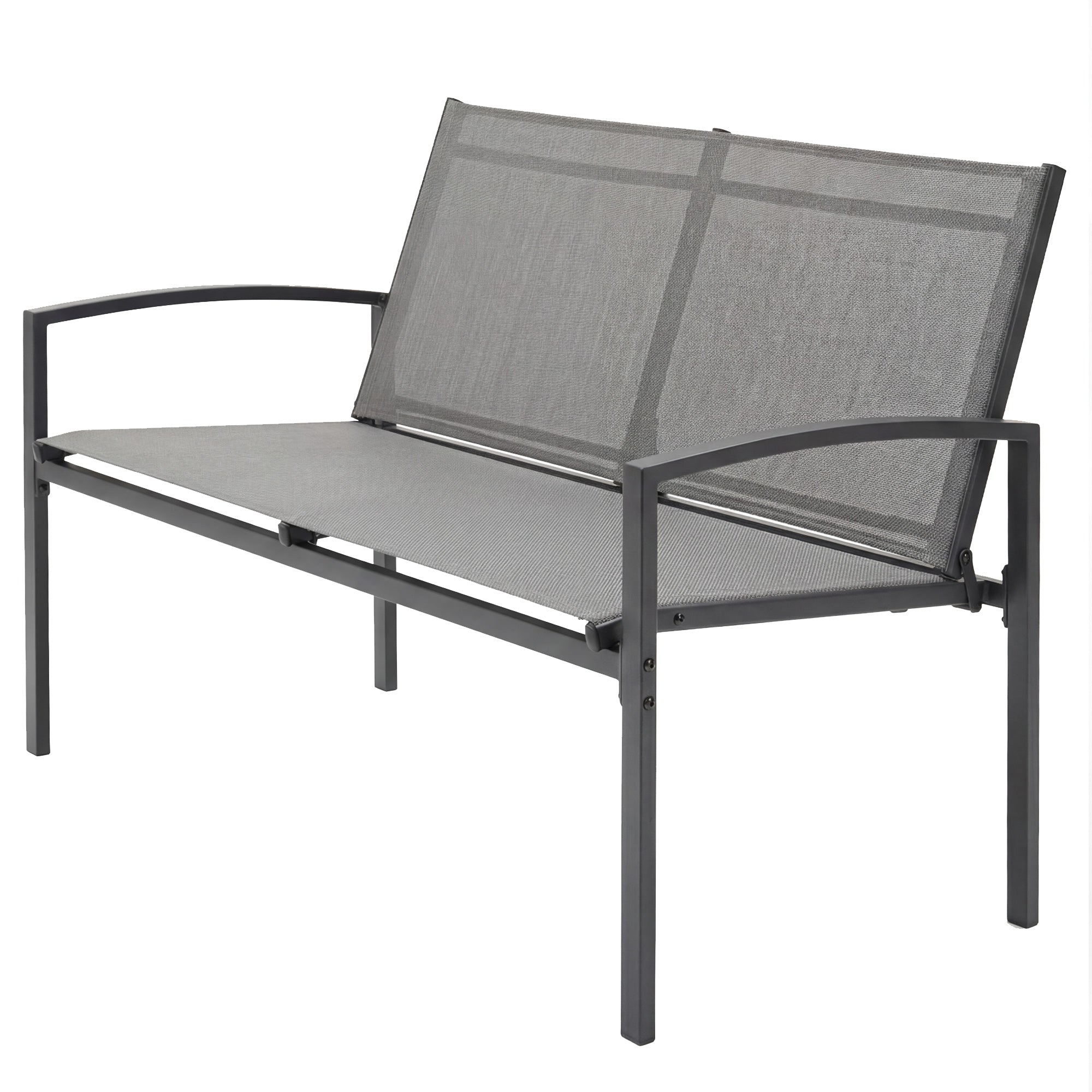 2-Seater Weather-Resistant Metal Outdoor Bench with Breathable Mesh Seat and Curved Armrests — Ergonomic, Up to 485 lb (112 x 66 x 80 cm), Gray
