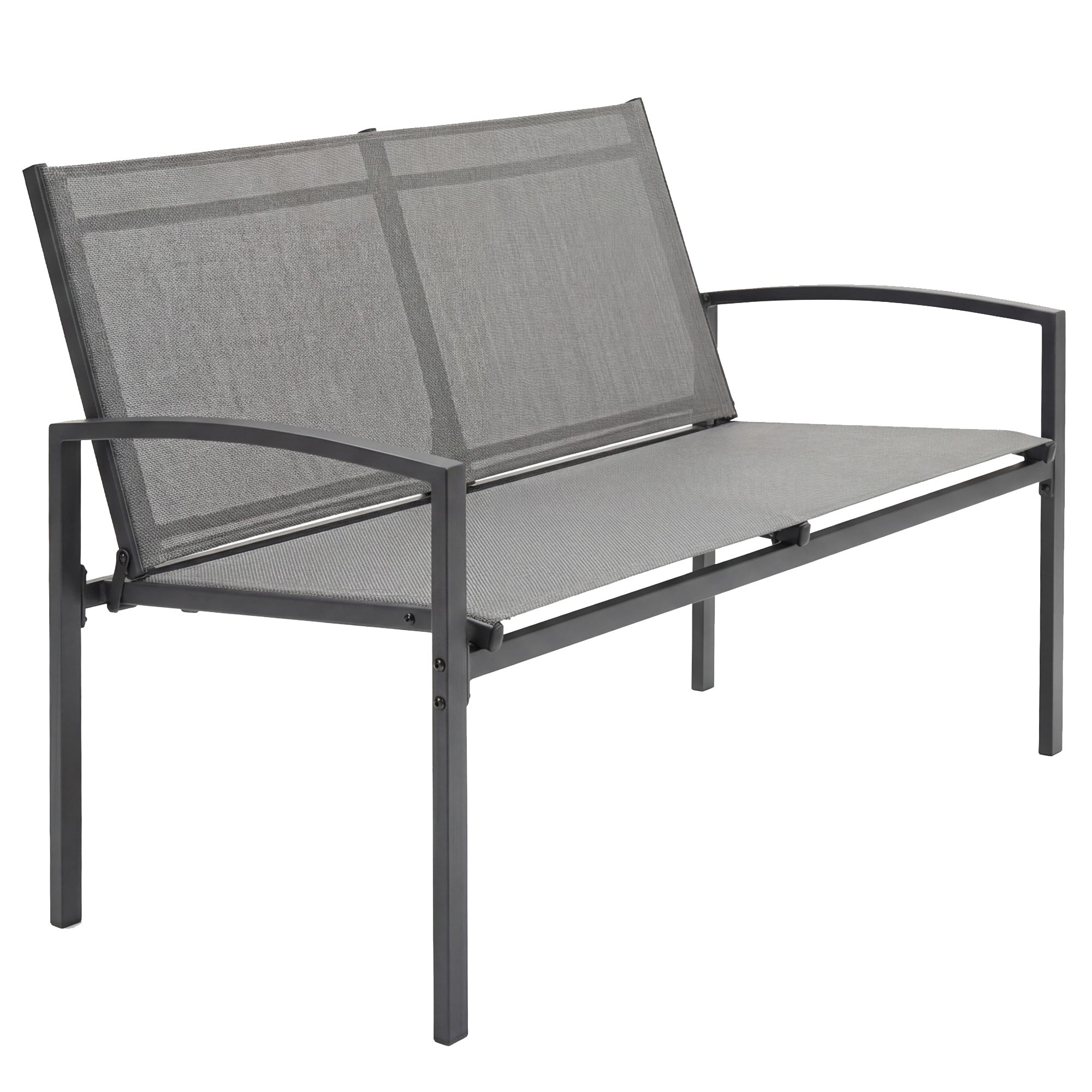 2-Seater Weather-Resistant Metal Outdoor Bench with Breathable Mesh Seat and Curved Armrests — Ergonomic, Up to 485 lb (112 x 66 x 80 cm), Gray