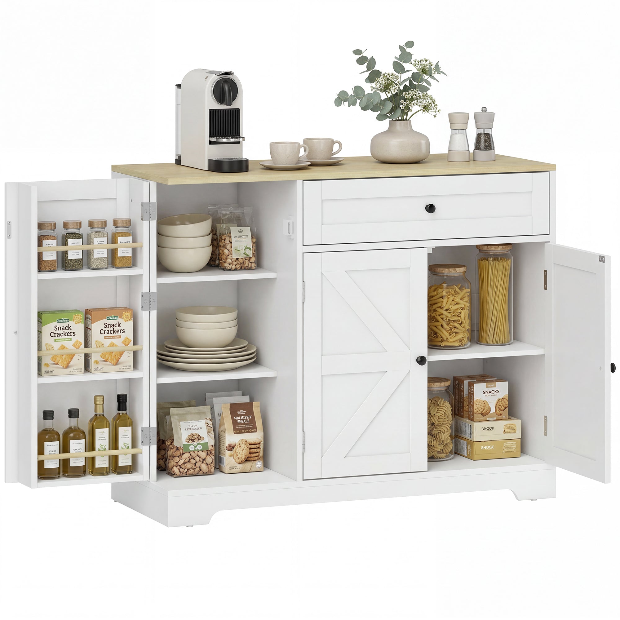 Sideboard Kitchen Cabinet with Drawer, 3 Doors & Adjustable Shelves, Farmhouse Style, 100 x 40 x 81 cm (39.4 x 15.7 x 31.9 in), White