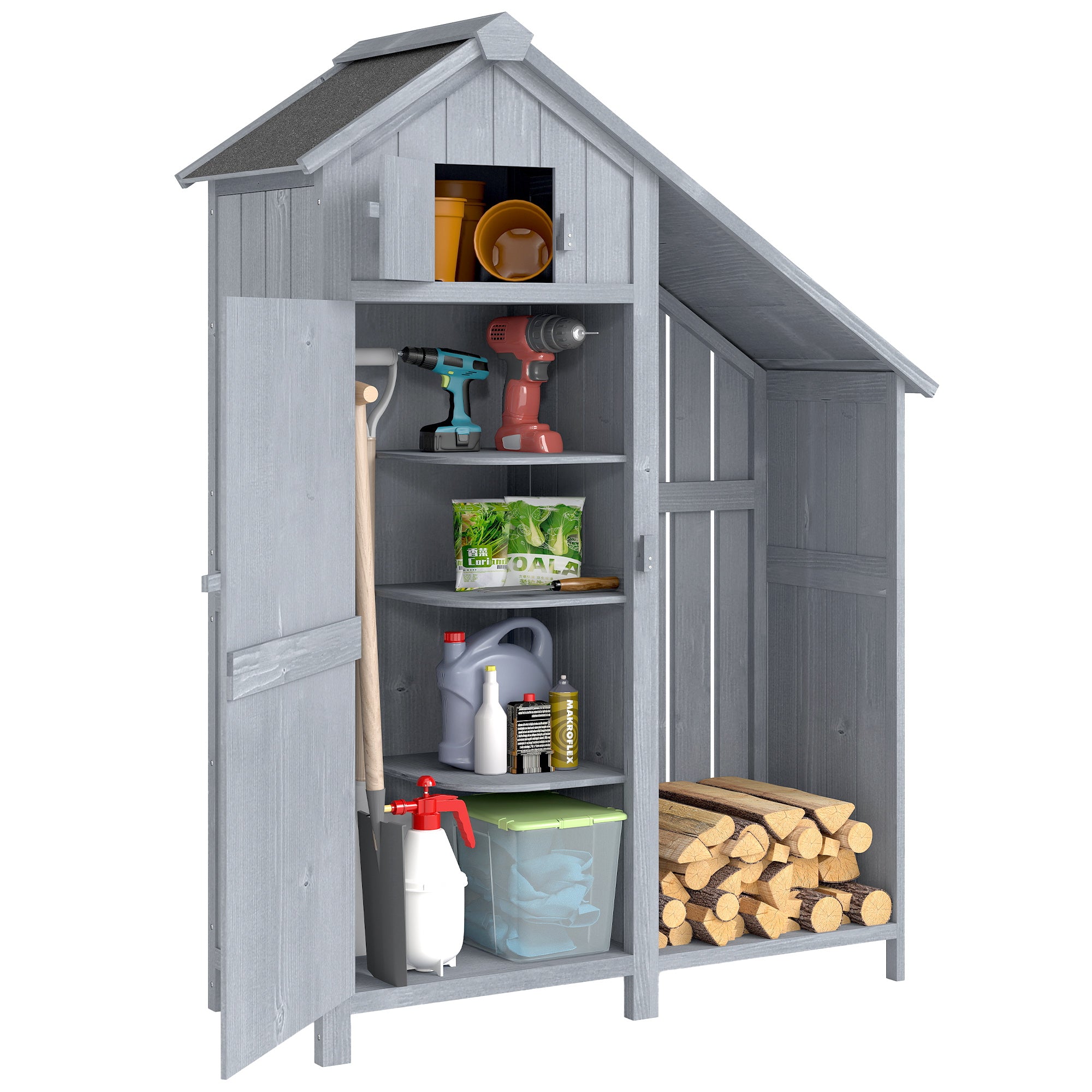 Weather-Resistant Spruce Wood Garden Storage Cabinet with Asphalt Roof and Shelves, Gray — 129 x 51.5 x 180 cm (50.8 x 20.3 x 70.9 in)