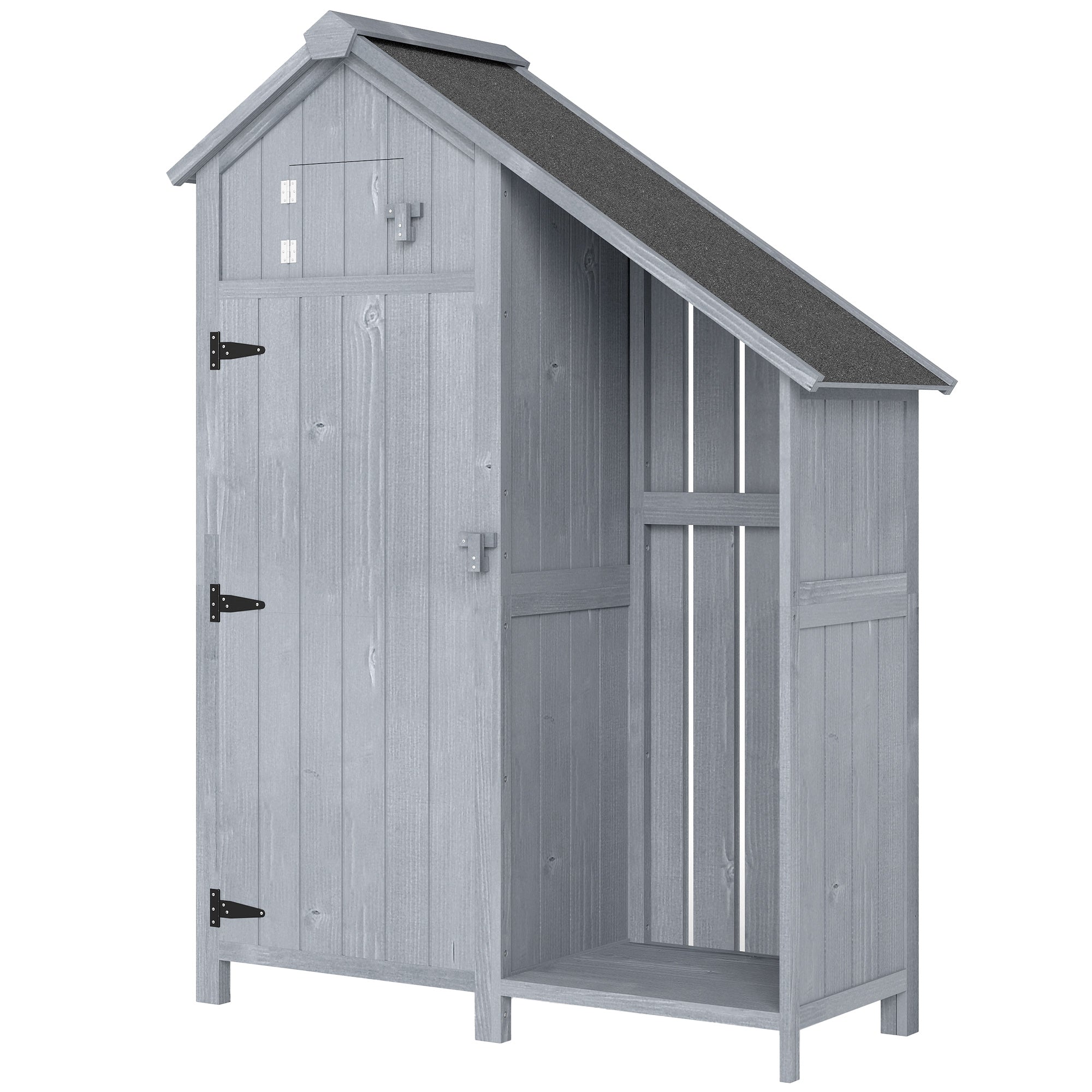 Weather-Resistant Spruce Wood Garden Storage Cabinet with Asphalt Roof and Shelves, Gray — 129 x 51.5 x 180 cm (50.8 x 20.3 x 70.9 in)