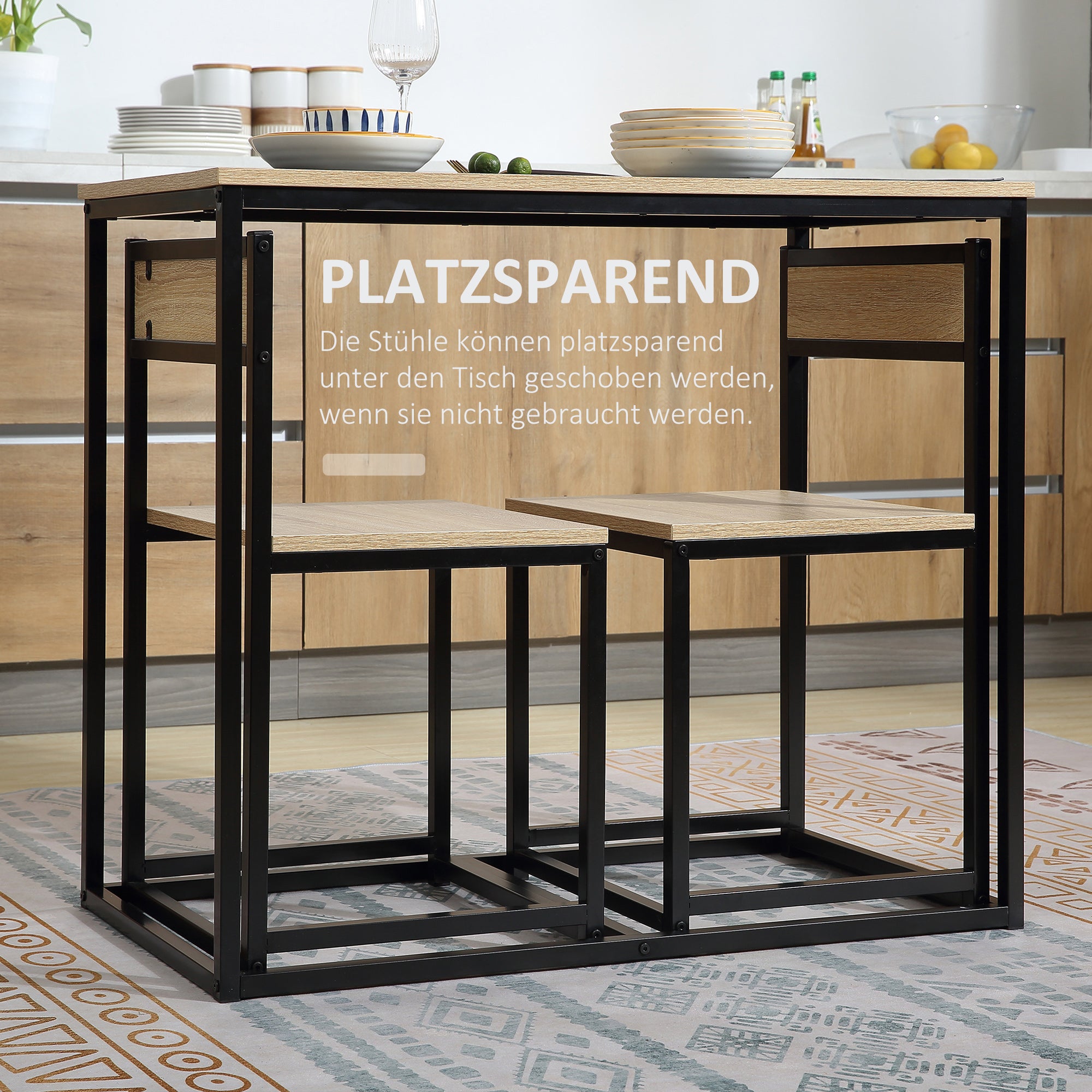 Dining Table with 2 Chairs, 3-Piece Dining Set for 2 Persons, Dining Group for Small Spaces, Kitchen, Living Room, Oak