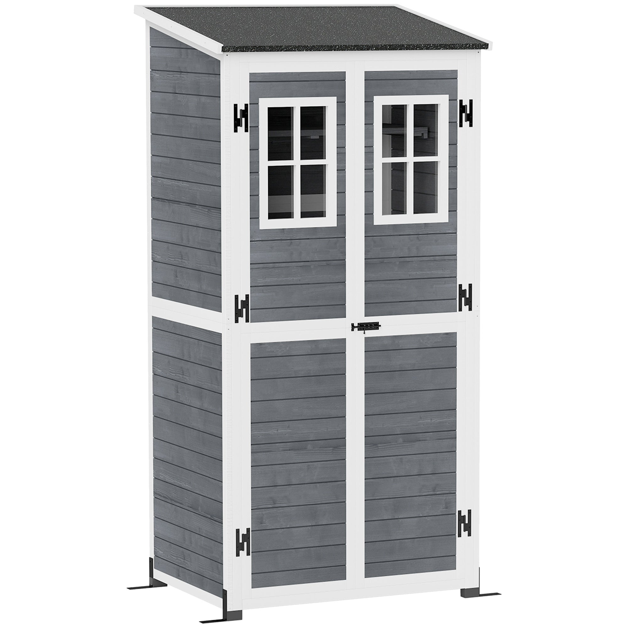 Wooden Garden Cabinet, Tool Shed with Lockable Door 2 Windows Floor Plate Asphalt Pent Roof Shelf 91x69x192cm, weatherproof Tool Cabinet, Tool Shed for Garden, Terrace, Light Gray