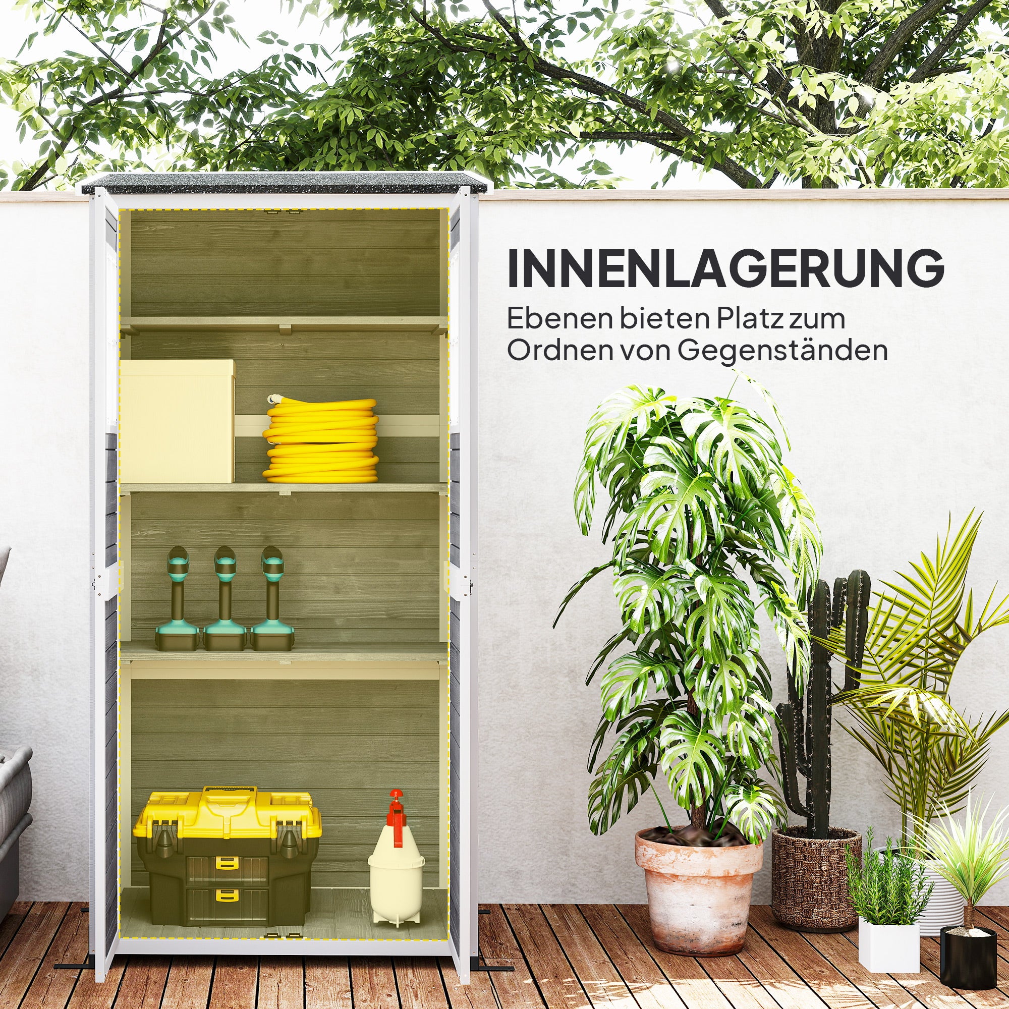 Wooden Garden Cabinet, Tool Shed with Lockable Door 2 Windows Floor Plate Asphalt Pent Roof Shelf 91x69x192cm, weatherproof Tool Cabinet, Tool Shed for Garden, Terrace, Light Gray