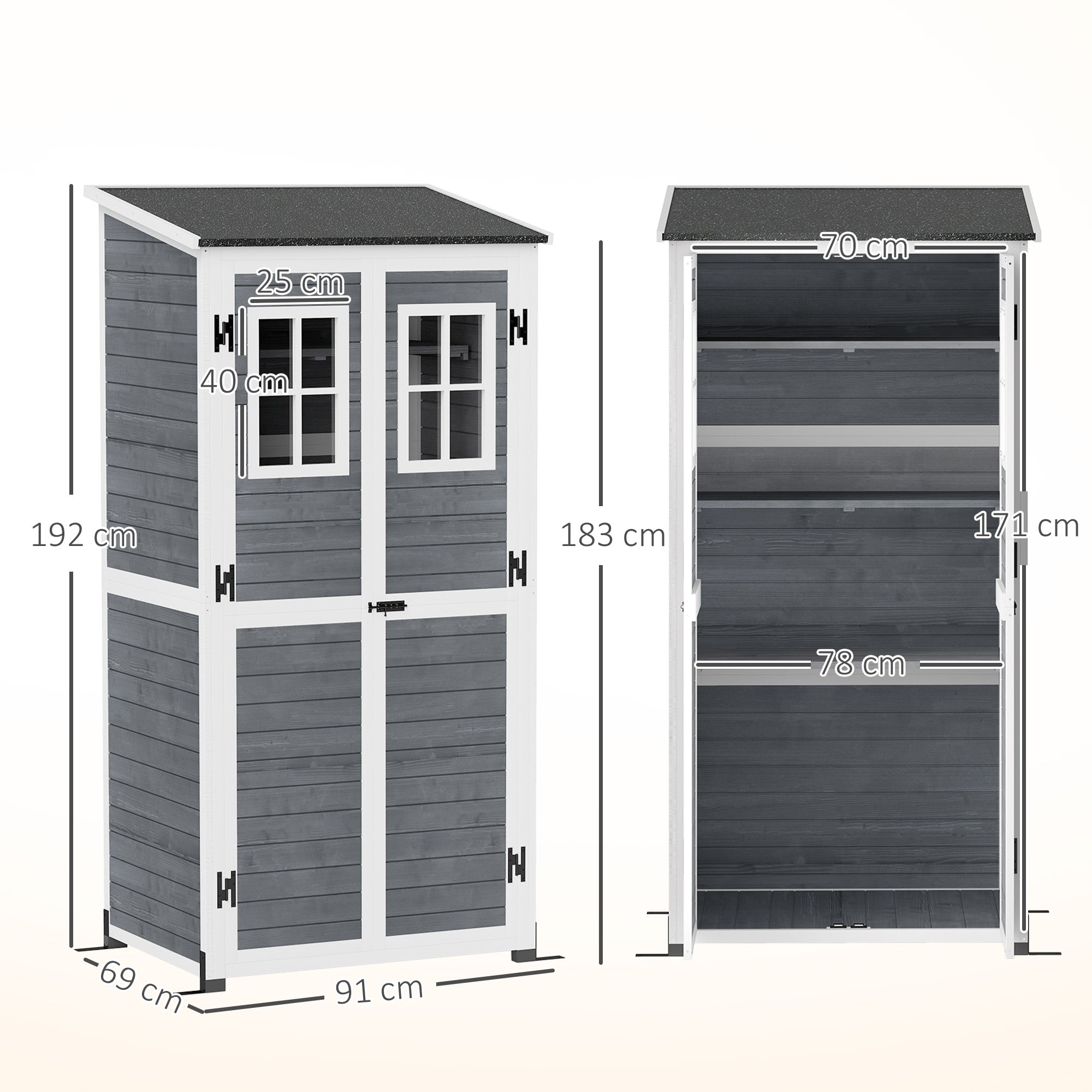 Wooden Garden Cabinet, Tool Shed with Lockable Door 2 Windows Floor Plate Asphalt Pent Roof Shelf 91x69x192cm, weatherproof Tool Cabinet, Tool Shed for Garden, Terrace, Light Gray