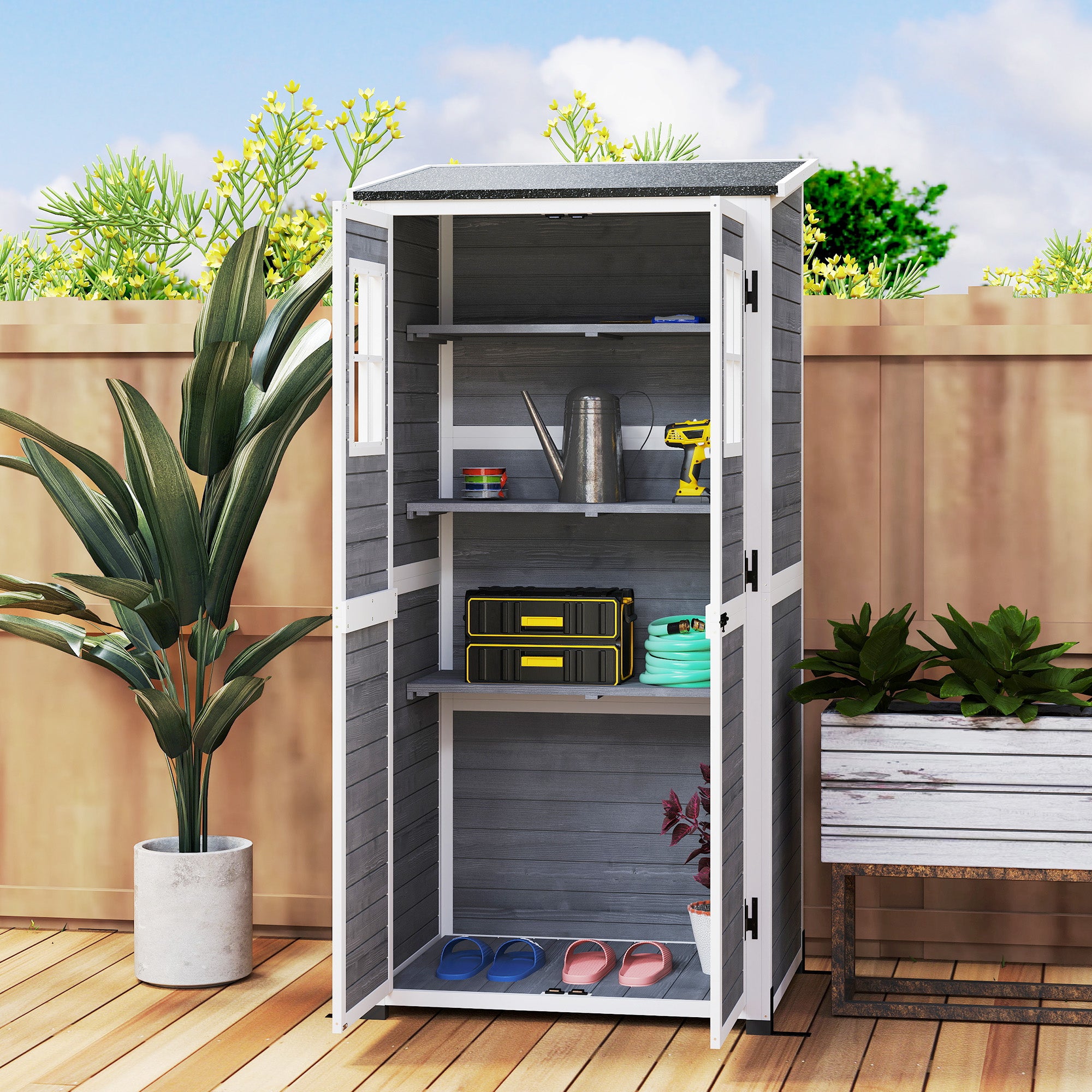 Wooden Garden Cabinet, Tool Shed with Lockable Door 2 Windows Floor Plate Asphalt Pent Roof Shelf 91x69x192cm, weatherproof Tool Cabinet, Tool Shed for Garden, Terrace, Light Gray