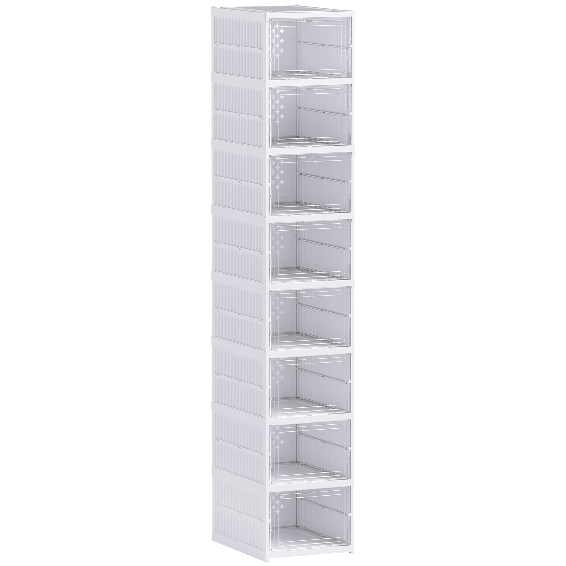 Shoe Boxes 8 Pieces Stackable and Foldable Shoe Organizer with Transparent Doors, Space-Saving Shoe Storage for 8 Pairs of Shoes, White