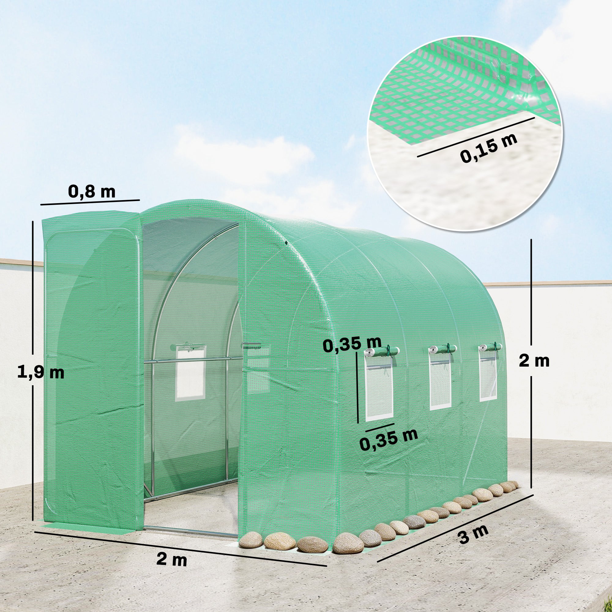 2 x 3 m (200 x 300 x 200 cm) Tunnel Garden Greenhouse — Galvanized Steel Frame, Hinged Door & 8 Roll-Up Mesh Windows, 140 gsm PE Cover, Green
