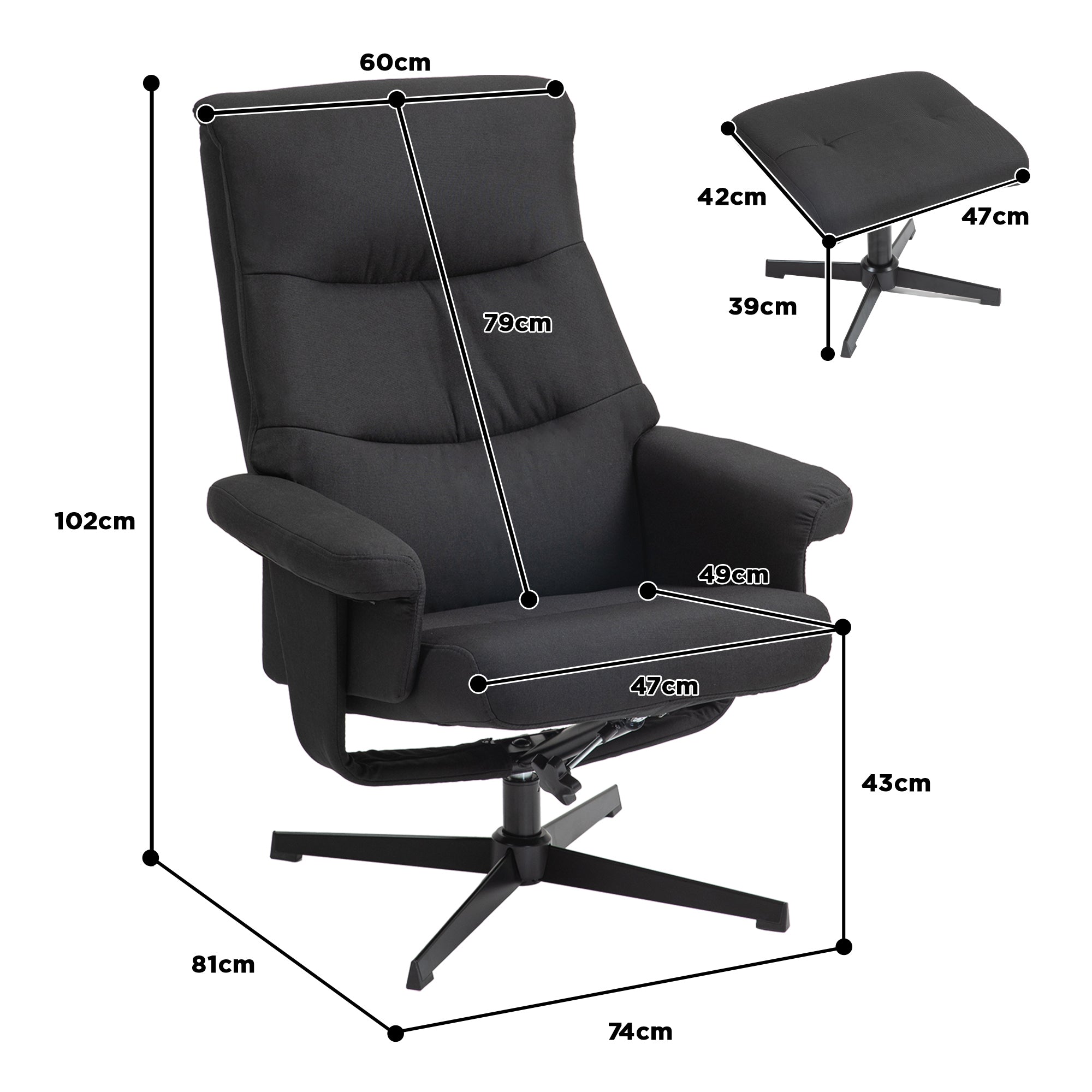 Recliner Chair with Ottoman, Padded TV Chair with Reclining Function, Rocking Feature, Swivel Lounge Chair with Velvet Look, for Living Room, Bedroom, Black