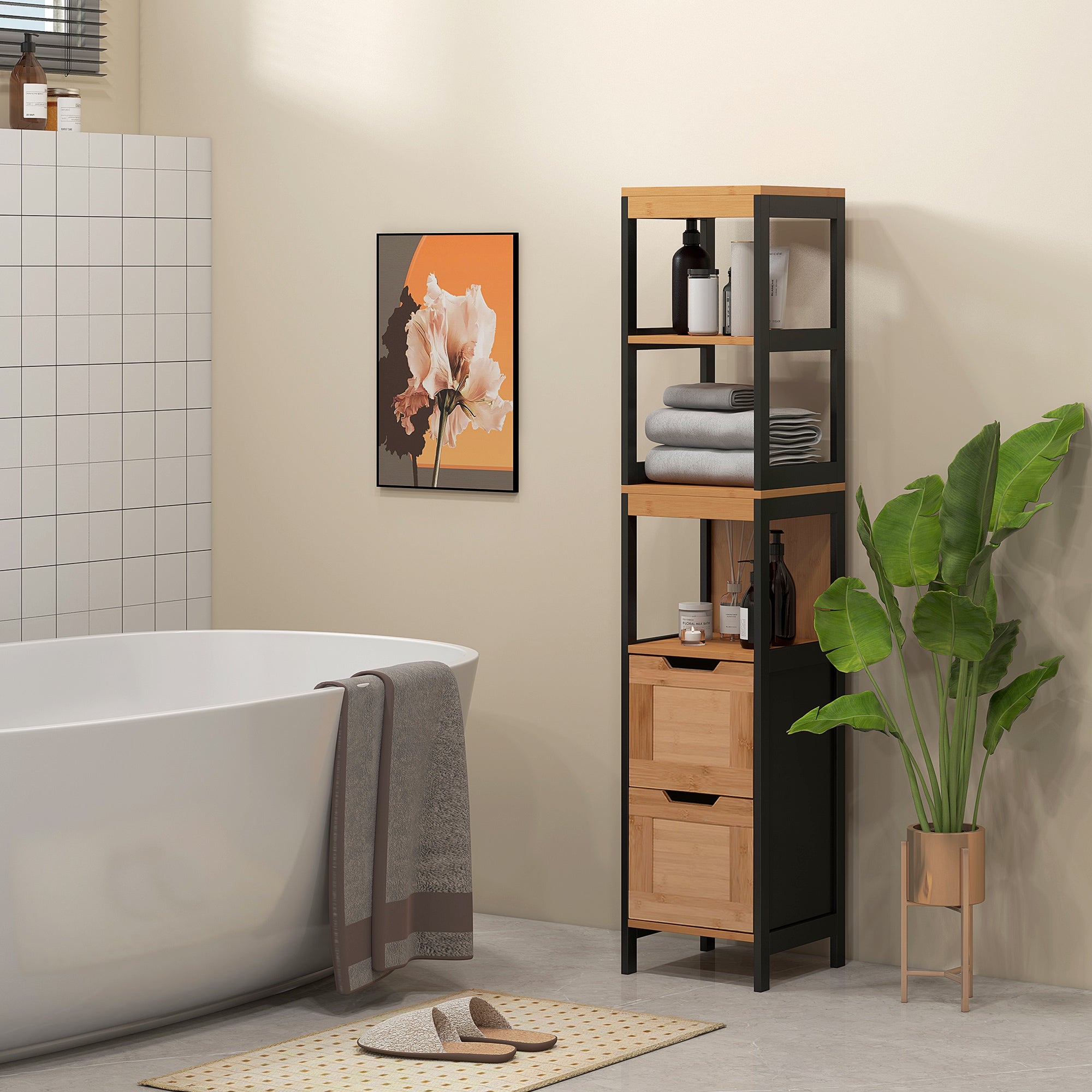 Bathroom Auxiliary Column Cabinet with 3 Shelves and 2 Drawers Modern Style 30x30x144.3 cm Black and Natural