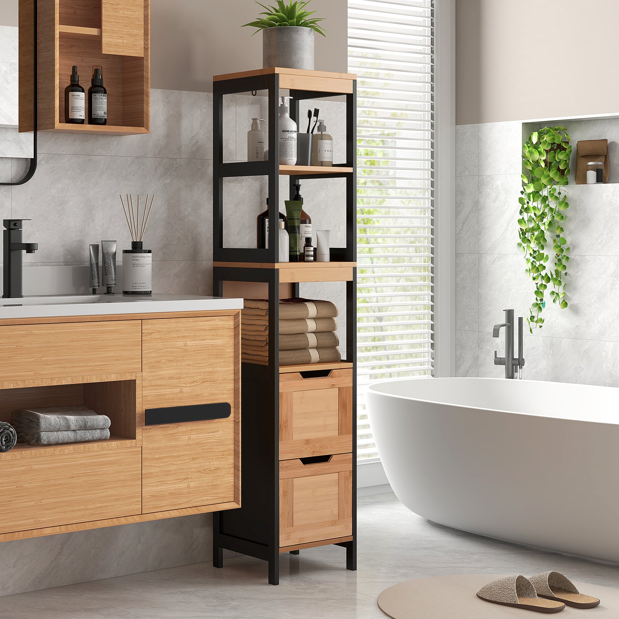 Bathroom Auxiliary Column Cabinet with 3 Shelves and 2 Drawers Modern Style 30x30x144.3 cm Black and Natural