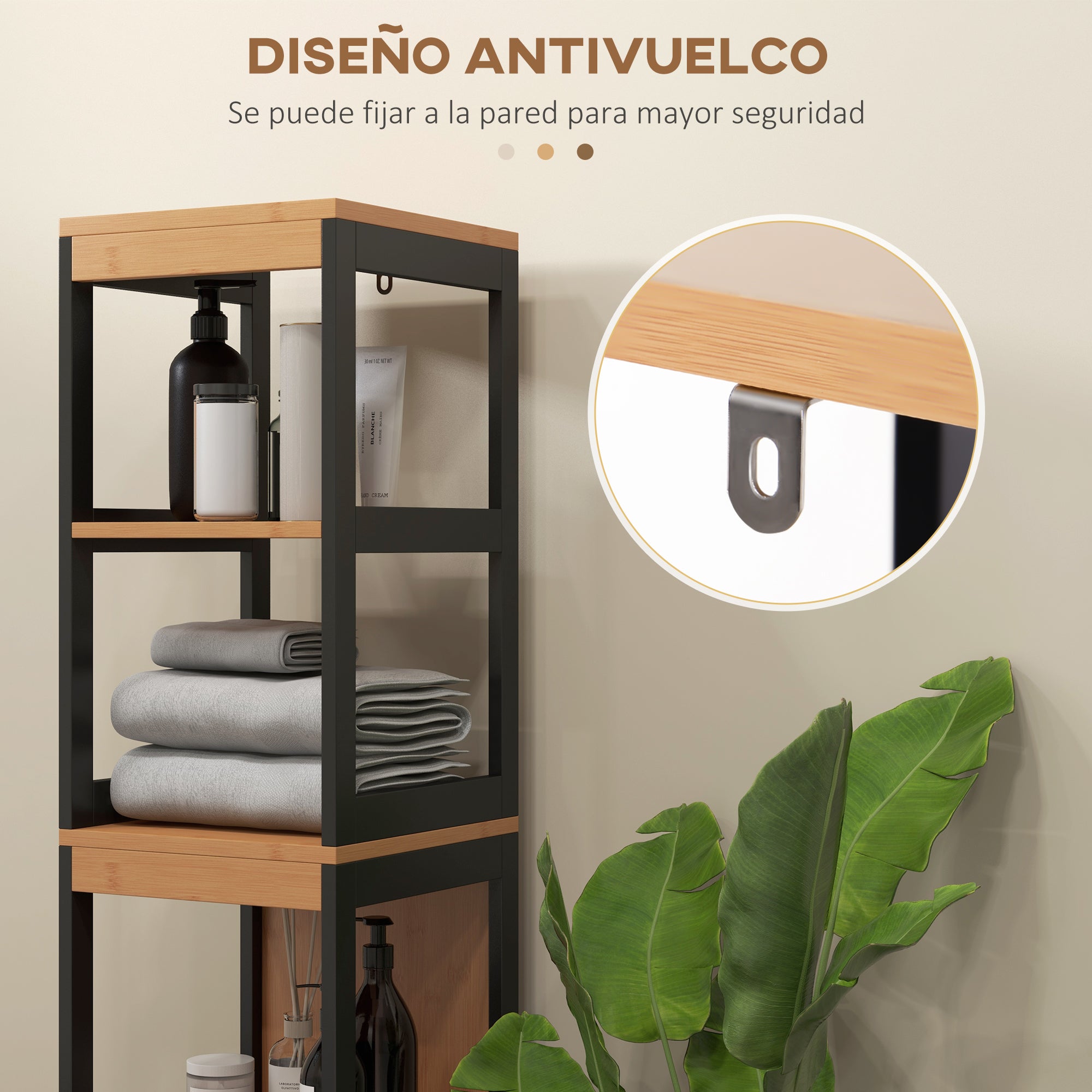 Bathroom Auxiliary Column Cabinet with 3 Shelves and 2 Drawers Modern Style 30x30x144.3 cm Black and Natural