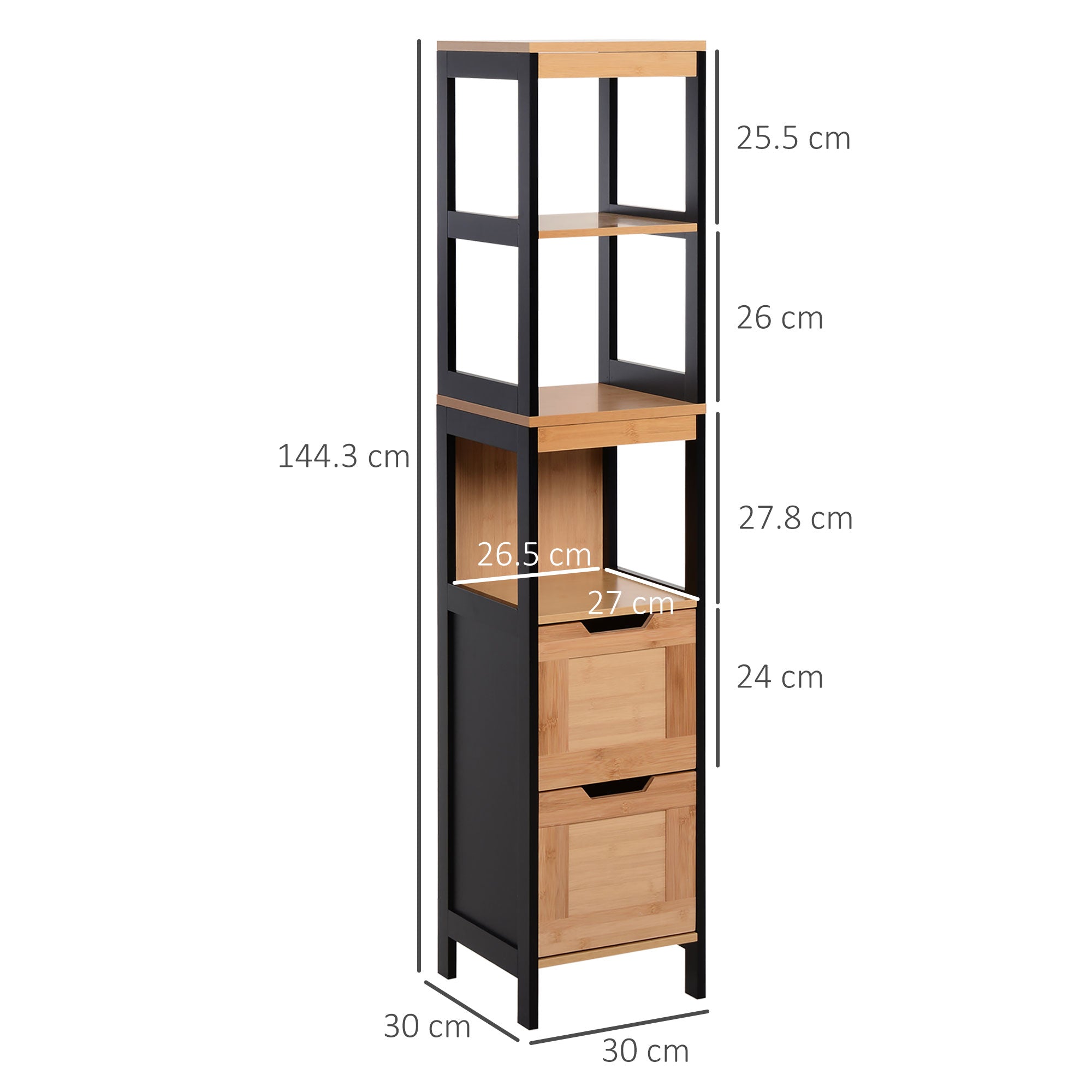 Bathroom Auxiliary Column Cabinet with 3 Shelves and 2 Drawers Modern Style 30x30x144.3 cm Black and Natural