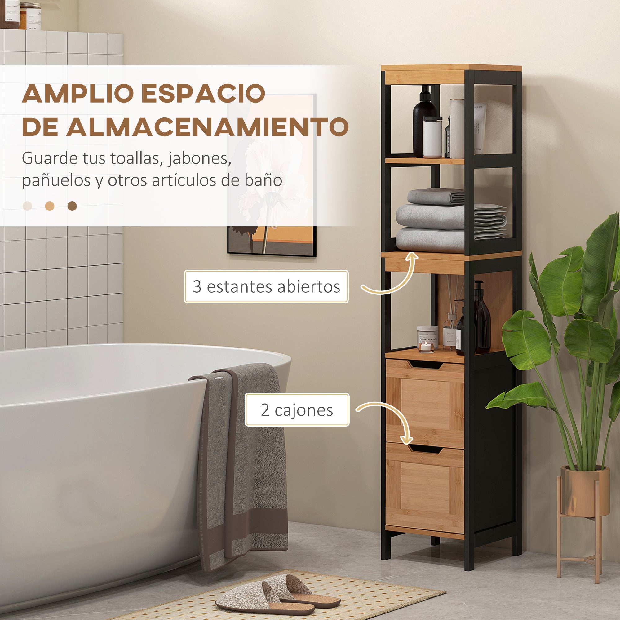 Bathroom Auxiliary Column Cabinet with 3 Shelves and 2 Drawers Modern Style 30x30x144.3 cm Black and Natural