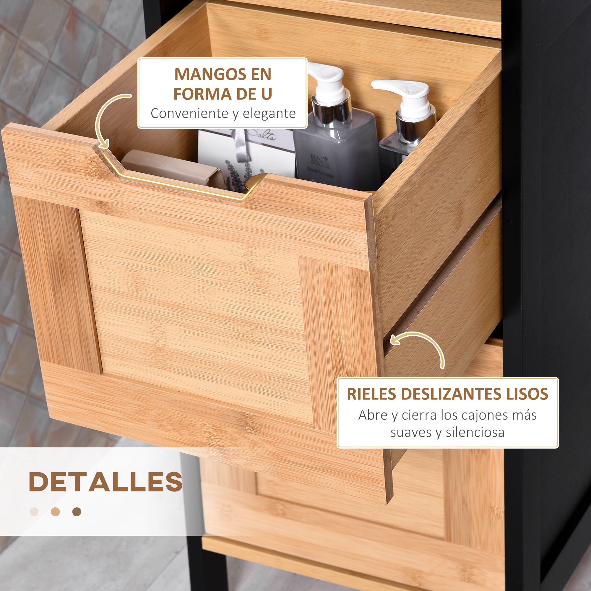 Bathroom Auxiliary Column Cabinet with 3 Shelves and 2 Drawers Modern Style 30x30x144.3 cm Black and Natural