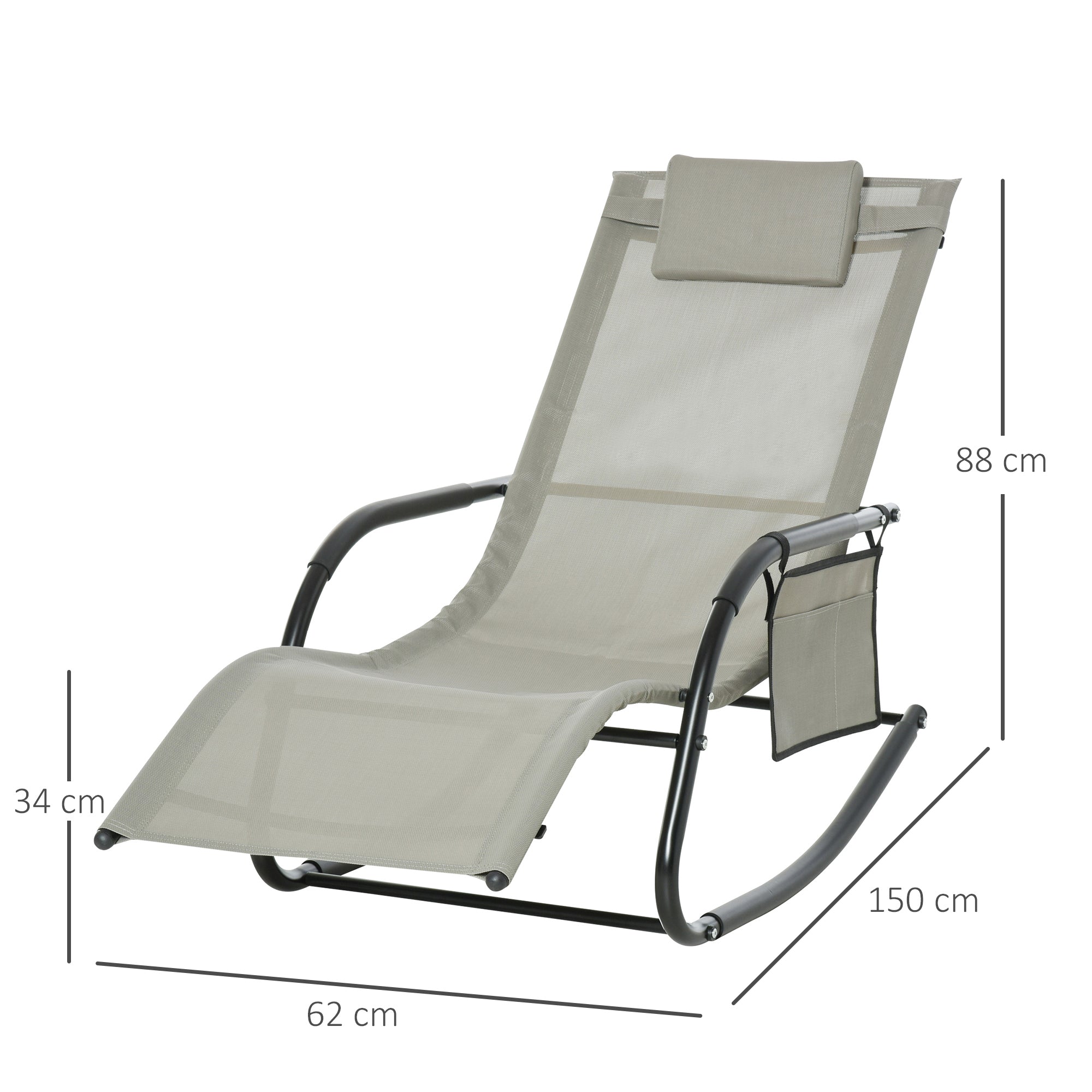 Rocking Chair Ergonomic Rocking Chair - Removable Headrest, Armrests, Storage Pocket - Light Grey Metal Epoxy Textilene